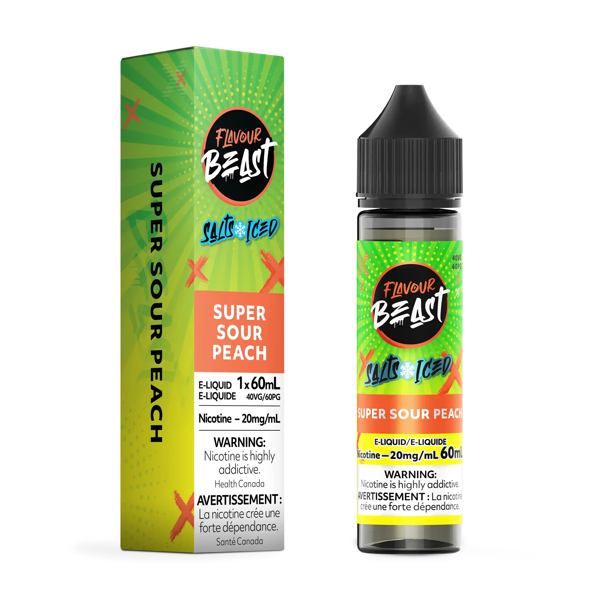 Flavour Beast Salt Super Sour Peach e-liquid bottle and green box with "Salts Iced" branding.
