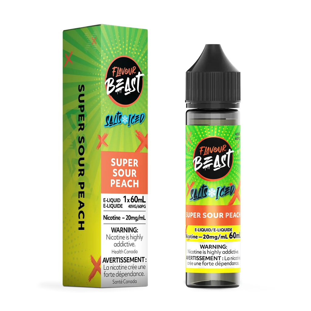 Flavour Beast Salt Super Sour Peach e-liquid bottle and green box with "Salts Iced" branding.