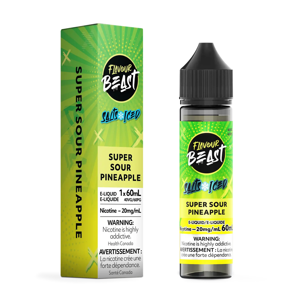 Flavour Beast Salt Super Sour Pineapple e-liquid bottle and green box with yellow accents.