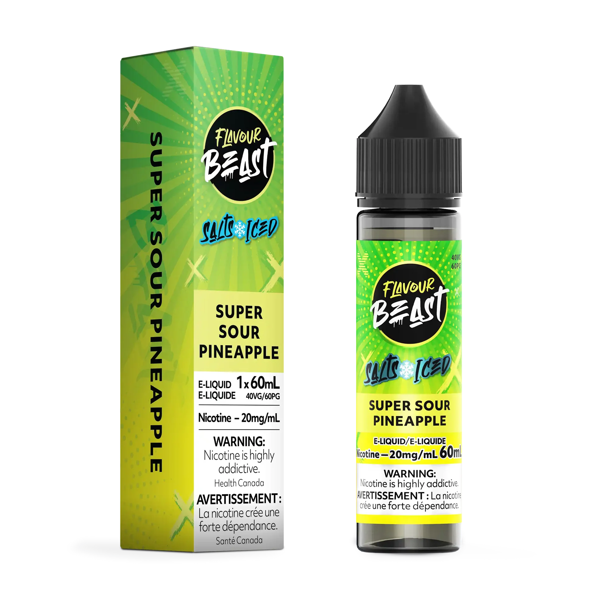 Flavour Beast Salt Super Sour Pineapple e-liquid bottle and green box with yellow accents.