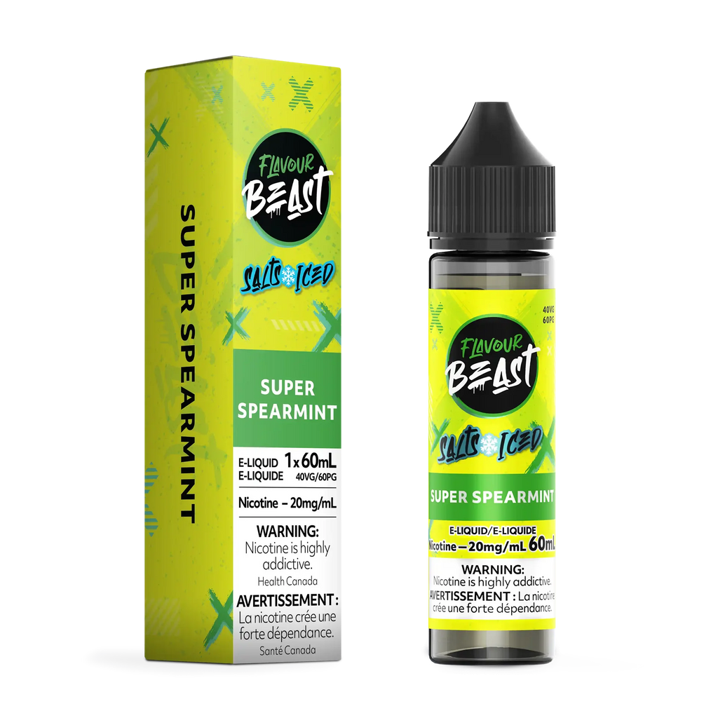 Flavour Beast Salt Super Spearmint e-liquid bottle and matching green box with black cap.