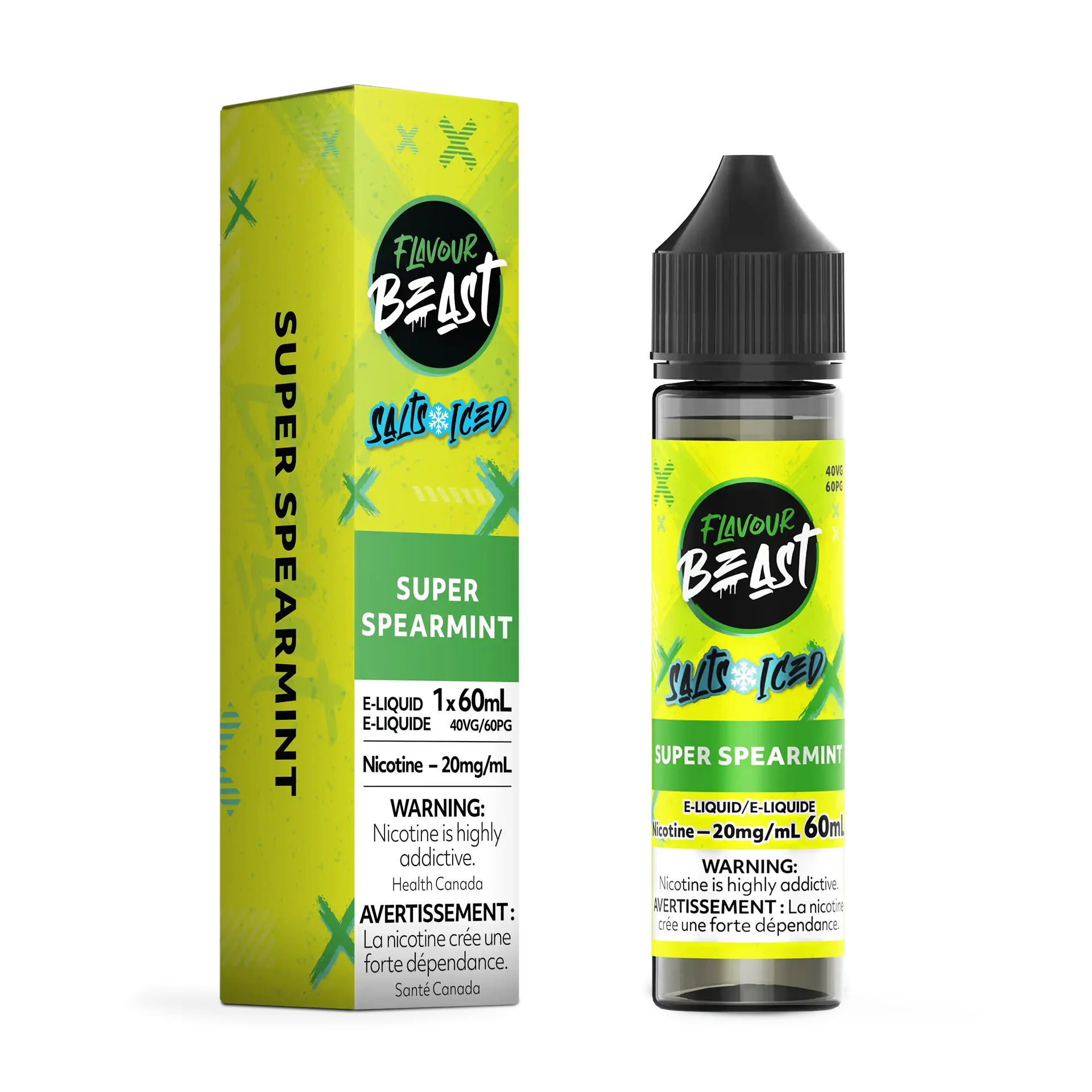 Flavour Beast Salt Super Spearmint e-liquid bottle and matching green box with black cap.