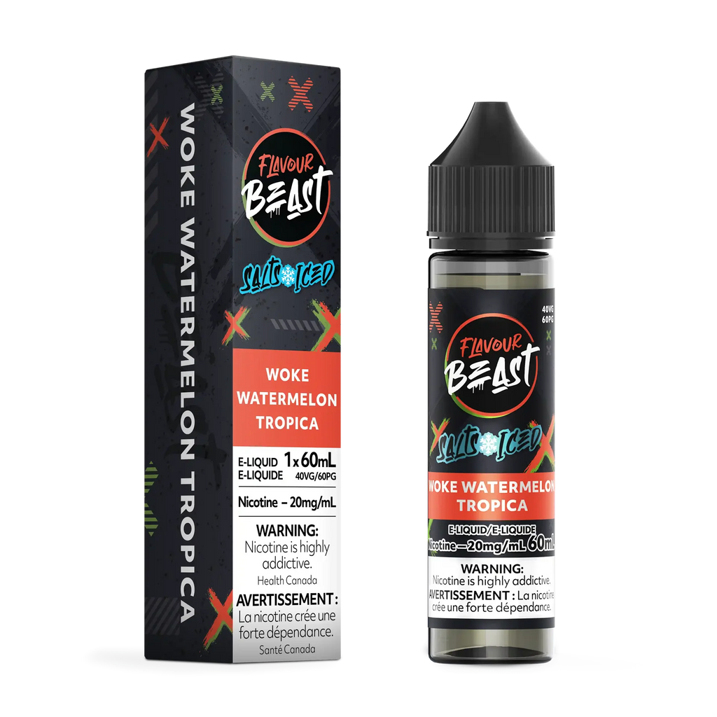 Flavour Beast Salt Woke Watermelon Tropica e-liquid bottle and matching black box with red and green accents.
