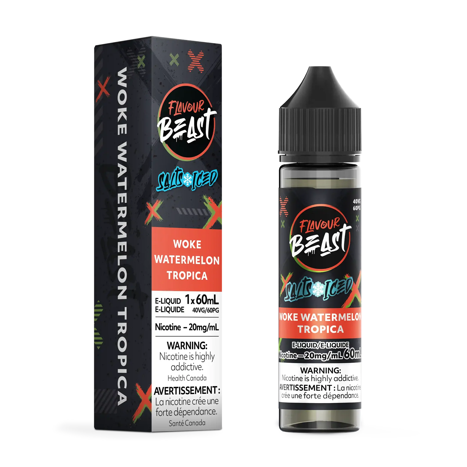 Flavour Beast Salt Woke Watermelon Tropica e-liquid bottle and matching black box with red and green accents.