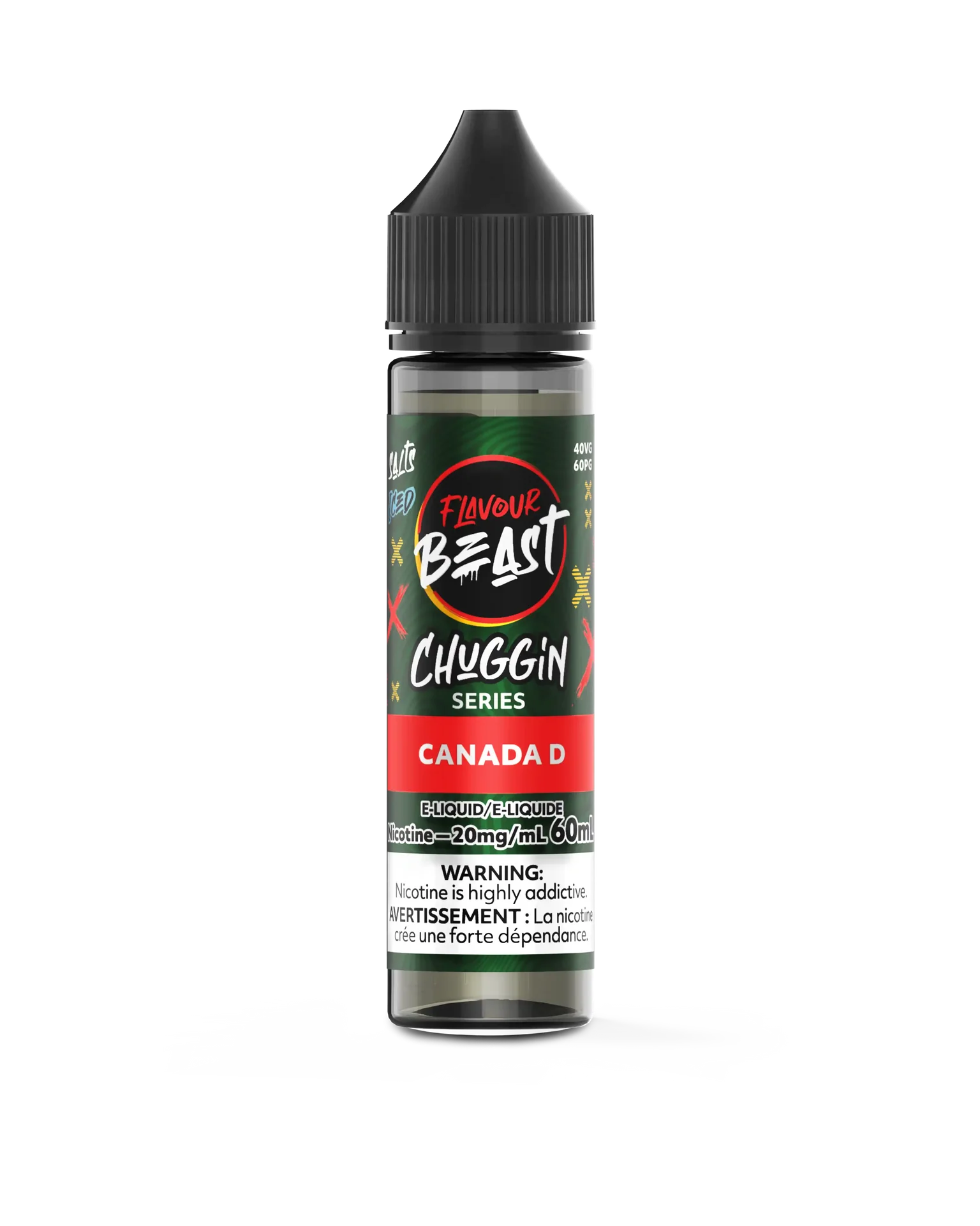 Flavour Beast Chuggin' Series Canada D Iced 60mL salt nicotine e-liquid bottle with black cap.