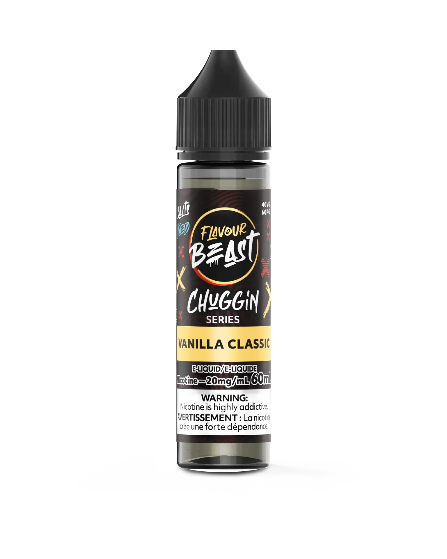 Flavour Beast Chuggin' Series Vanilla Classic Iced 60mL salt nicotine e-liquid bottle with black cap.