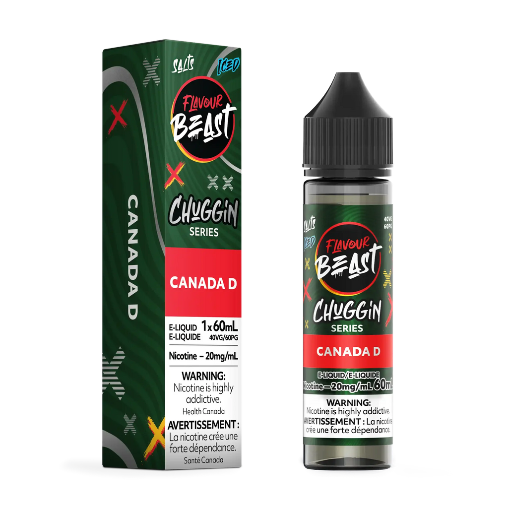 Flavour Beast Chuggin' Series Canada D Iced 60mL salt nicotine e-liquid bottle and matching green box.