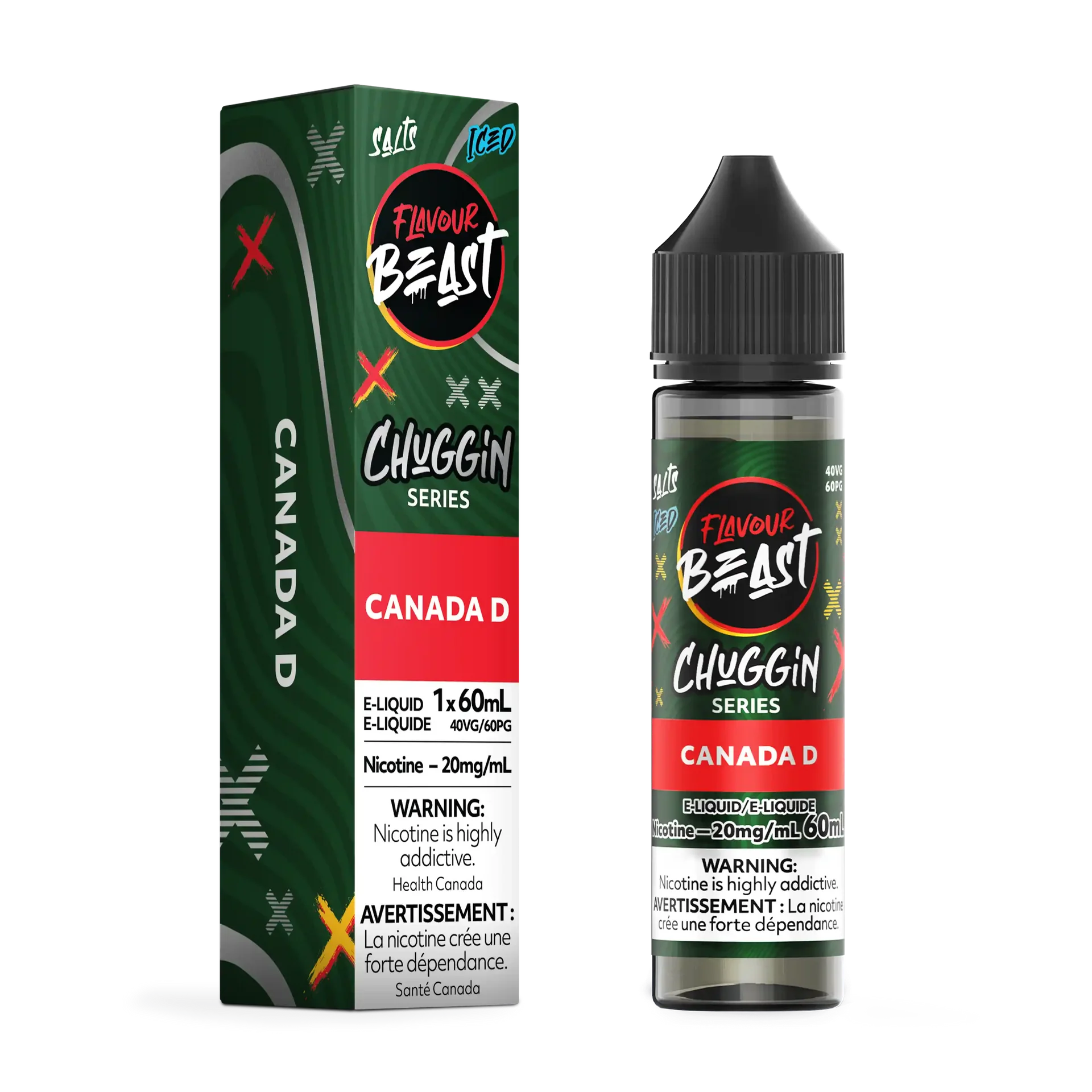 Flavour Beast Chuggin' Series Canada D Iced 60mL salt nicotine e-liquid bottle and matching green box.