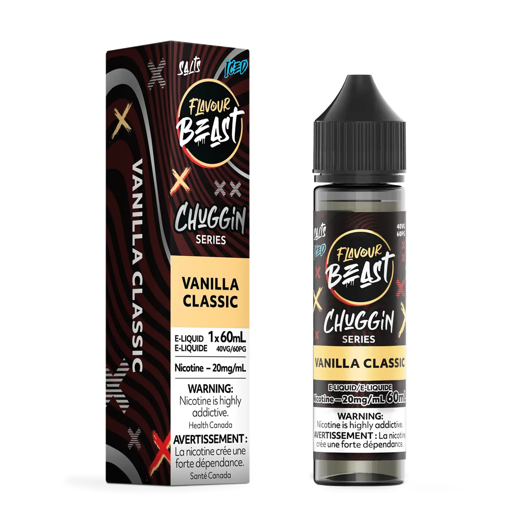 Flavour Beast Chuggin' Series Vanilla Classic Iced 60mL salt nicotine e-liquid bottle and matching box.