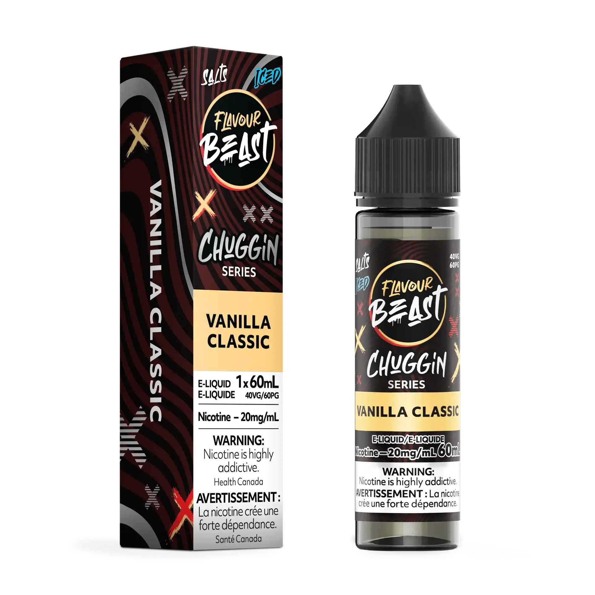 Flavour Beast Chuggin' Series Vanilla Classic Iced 60mL salt nicotine e-liquid bottle and matching box.