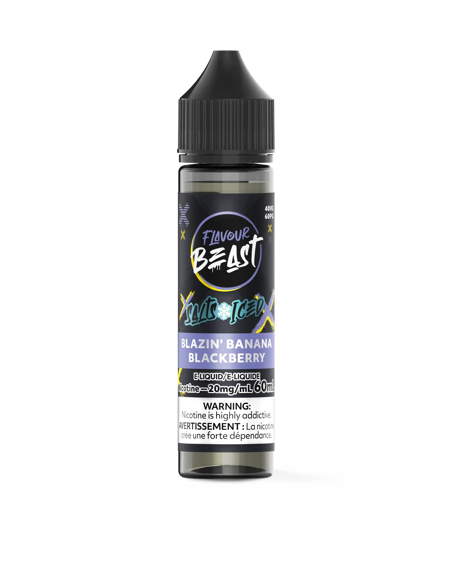 Flavour Beast Salt Blazin' Banana Blackberry Iced e-liquid bottle, 60mL, black label with purple and yellow text.