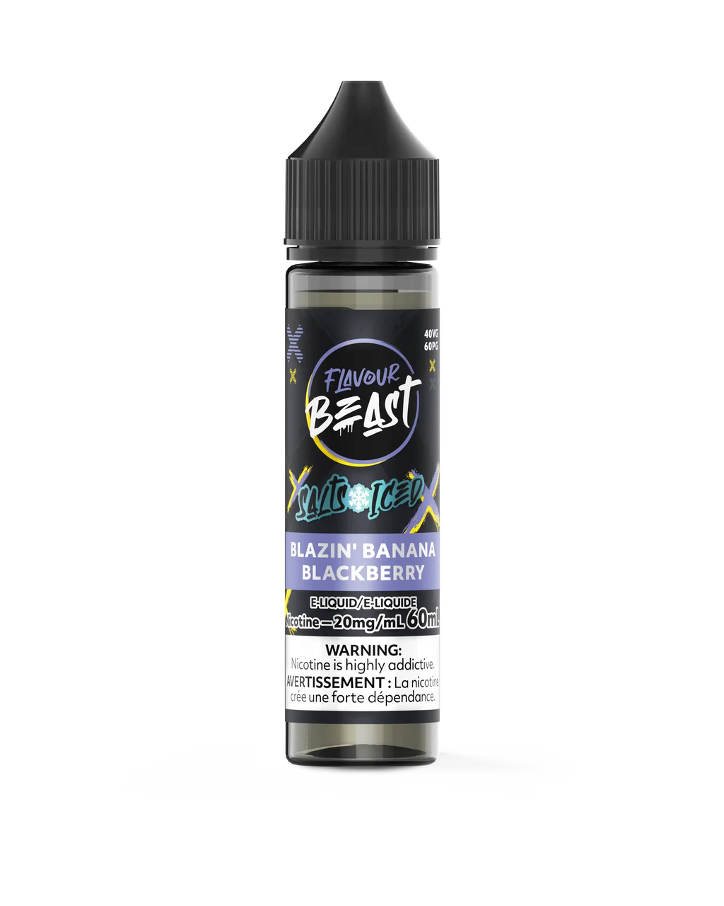 Flavour Beast Salt Blazin' Banana Blackberry Iced e-liquid bottle, 60mL, black label with purple and yellow text.