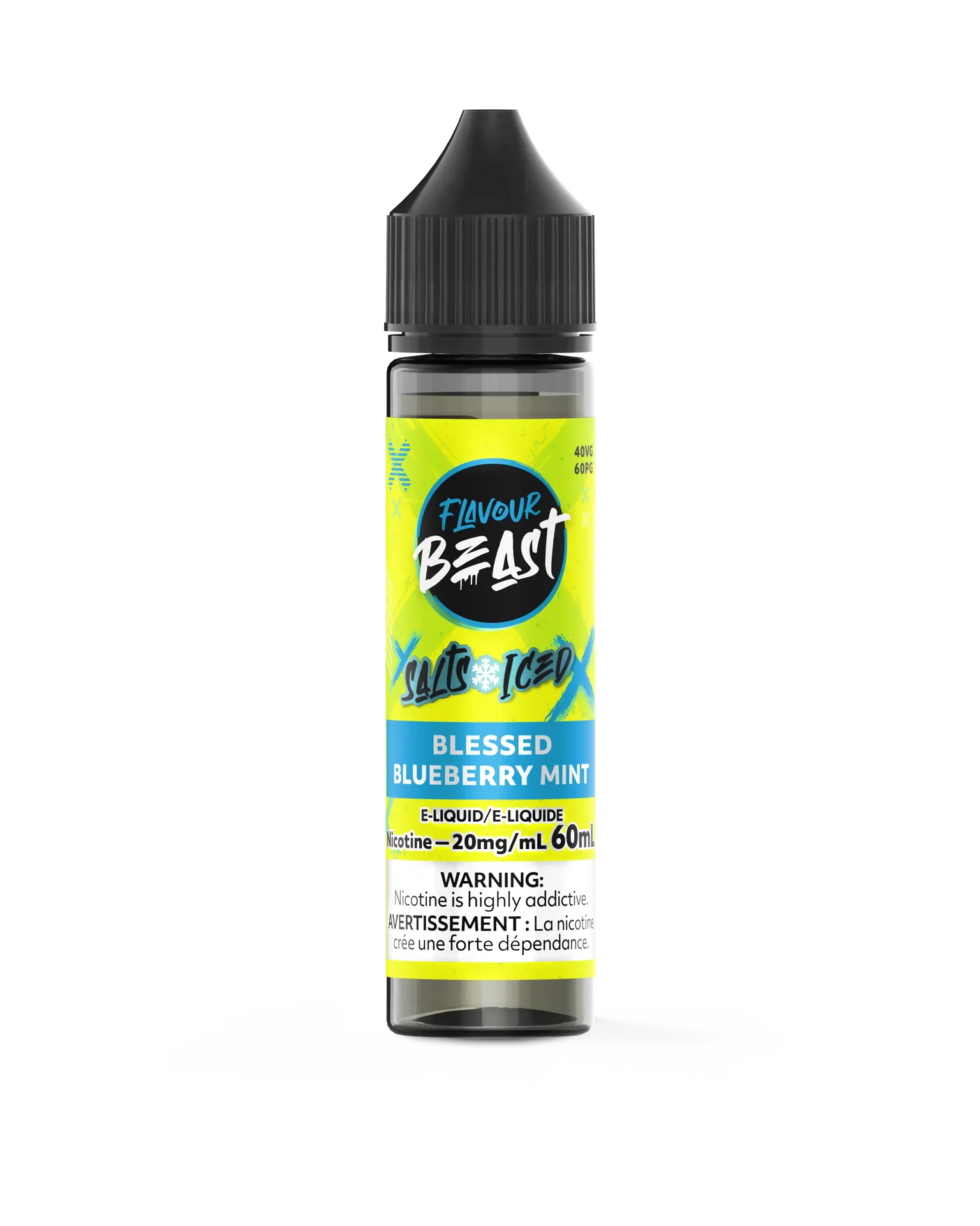 Flavour Beast Salt Blessed Blueberry Mint Iced e-liquid bottle with black cap and vibrant yellow label.