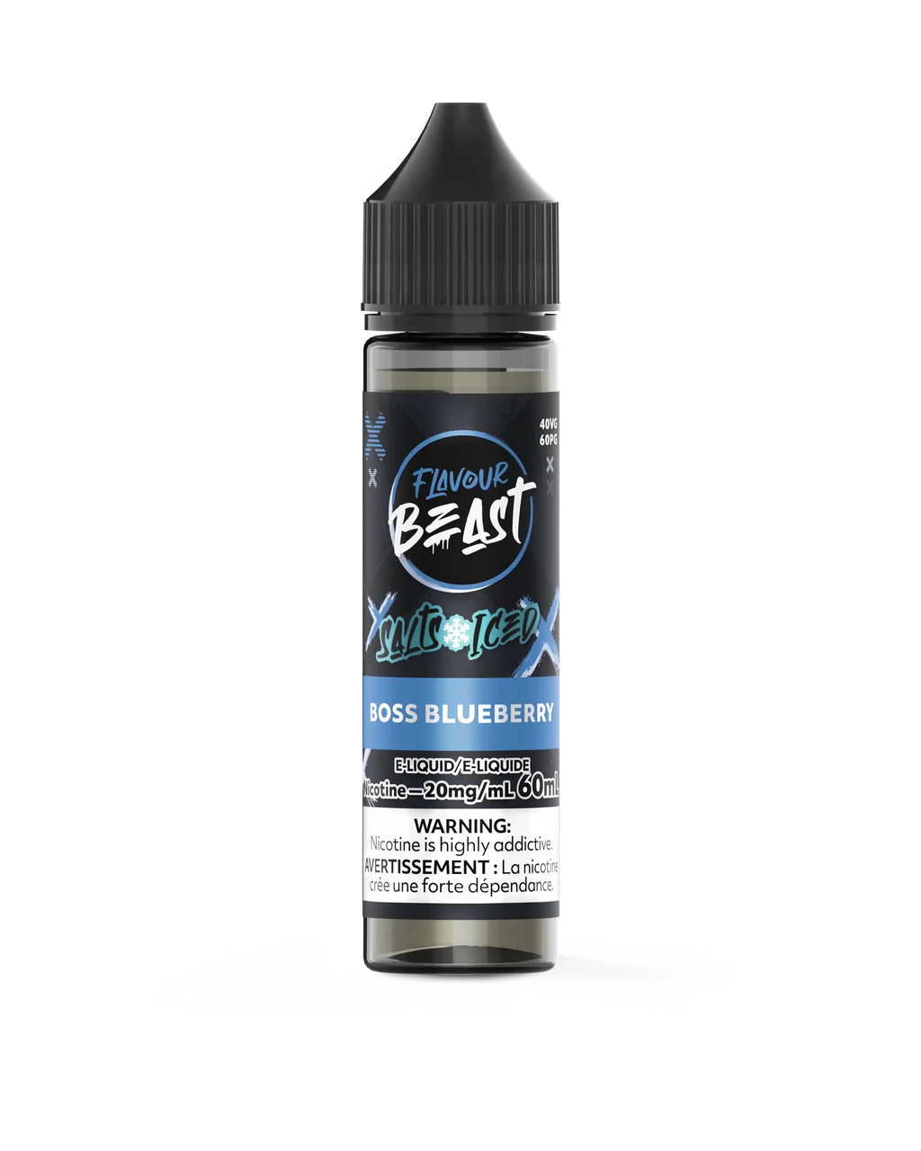 Flavour Beast Salt Boss Blueberry Iced e-liquid in a dark bottle with blue and white label.