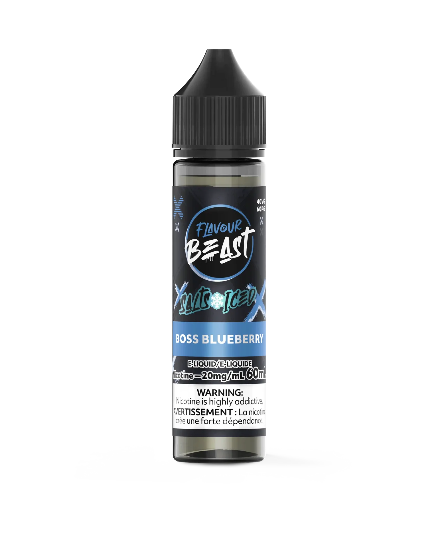 Flavour Beast Salt Boss Blueberry Iced e-liquid in a dark bottle with blue and white label.