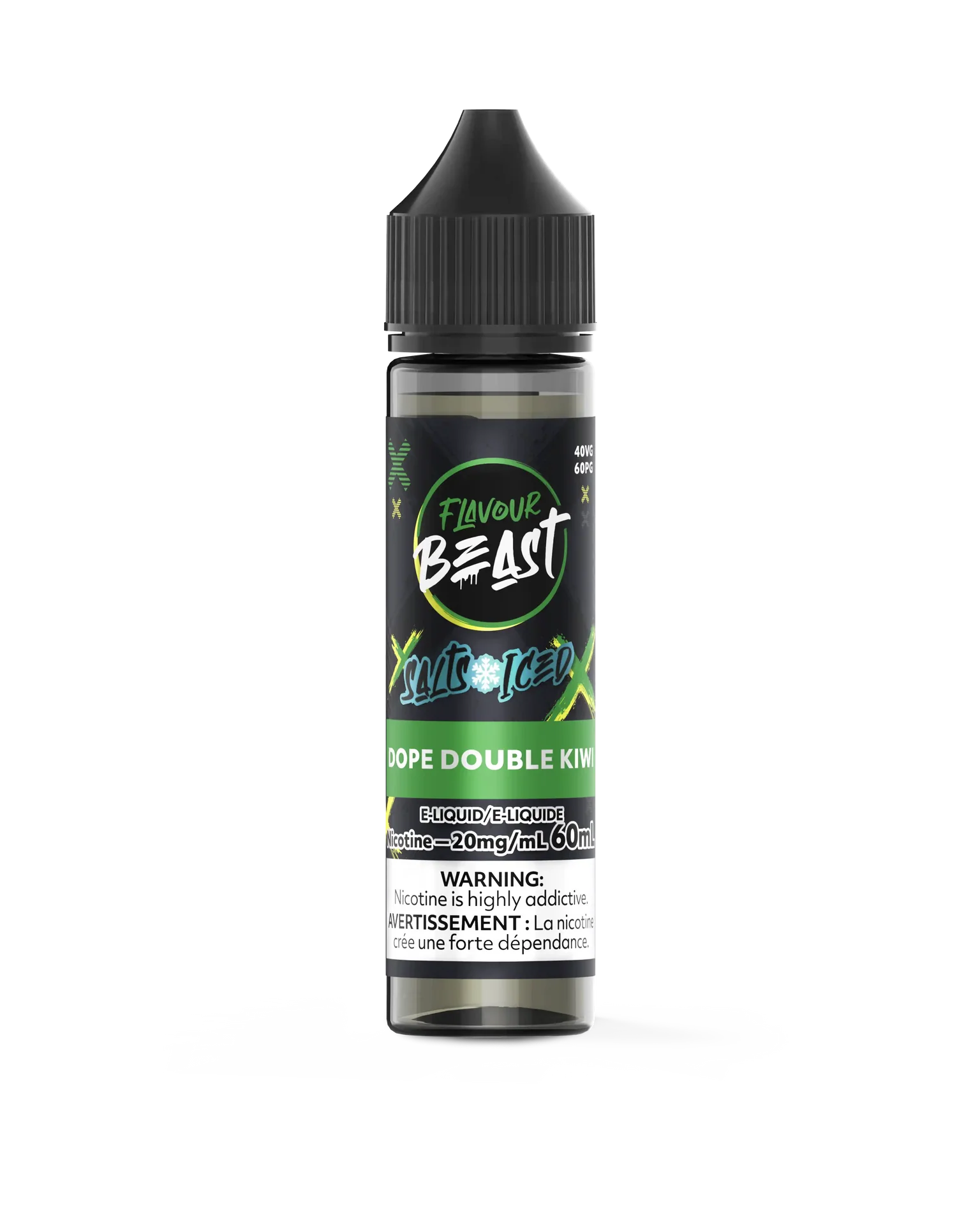 Flavour Beast Salt Dope Double Kiwi Iced 60mL e-liquid bottle with black cap and green-accented label.