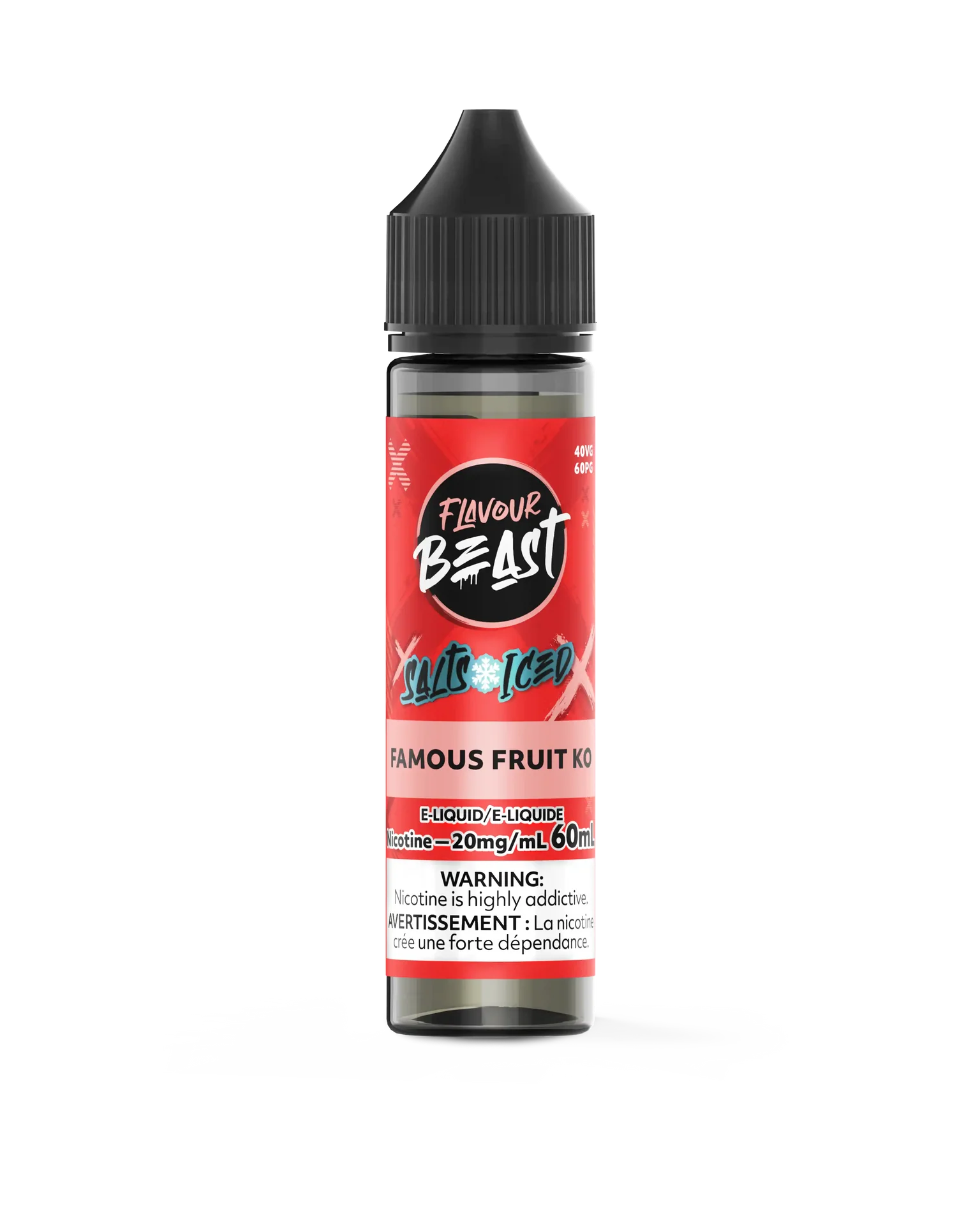 Flavour Beast Salt Famous Fruit KO Iced e-liquid in a red and black 60mL bottle.