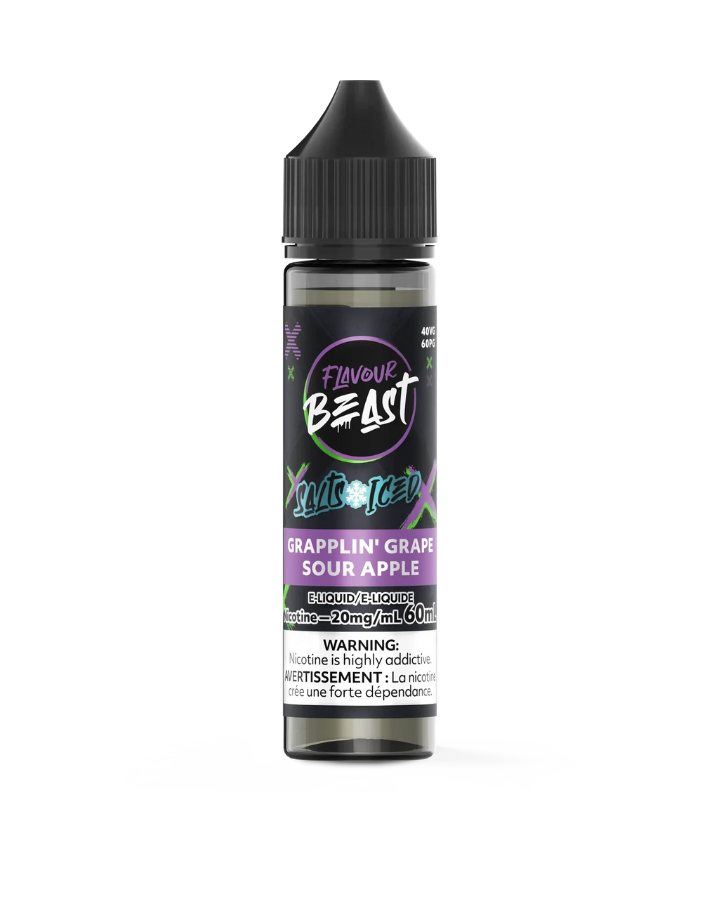 Flavour Beast Salt Grapplin' Grape Sour Apple Iced 30ml e-liquid bottle with black cap and purple label.