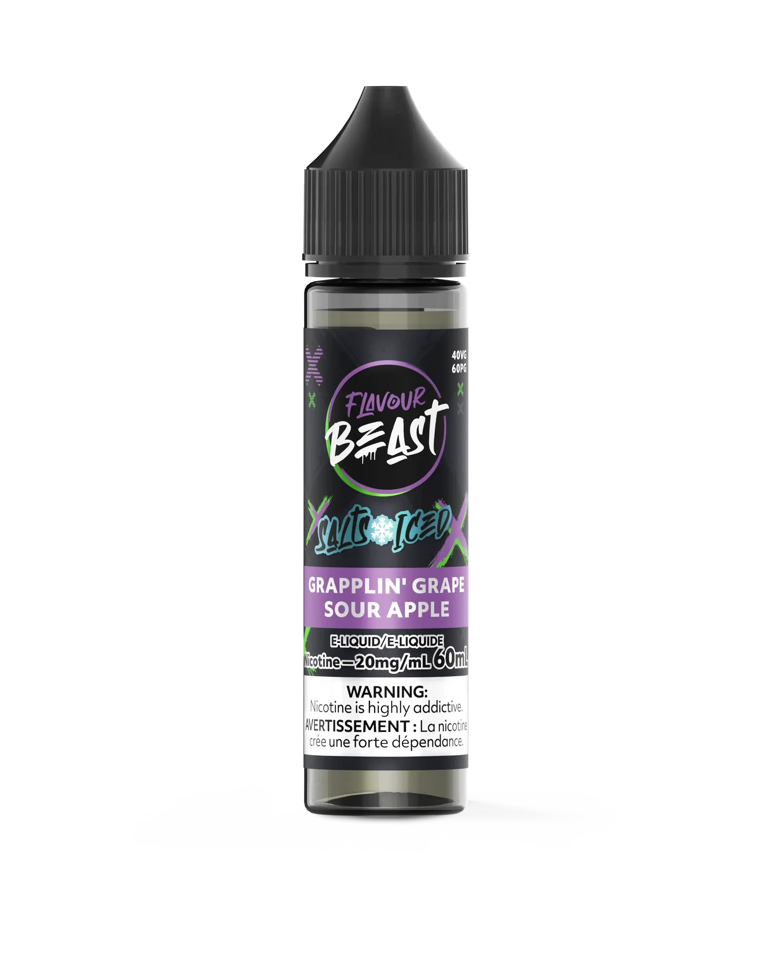Flavour Beast Salt Grapplin' Grape Sour Apple Iced 30ml e-liquid bottle with black cap and purple label.