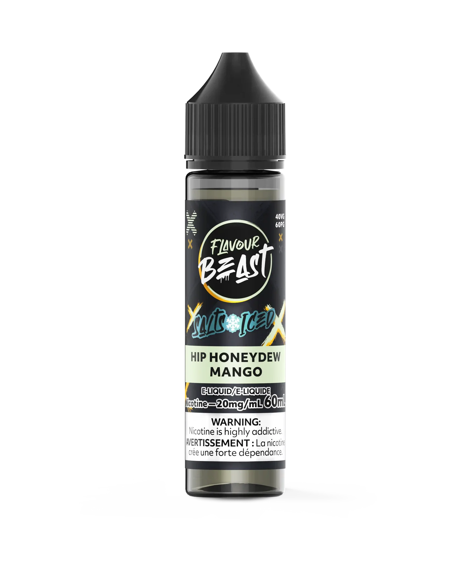 Flavour Beast Salt Hip Honeydew Mango Iced e-liquid bottle, black label with white and yellow text.