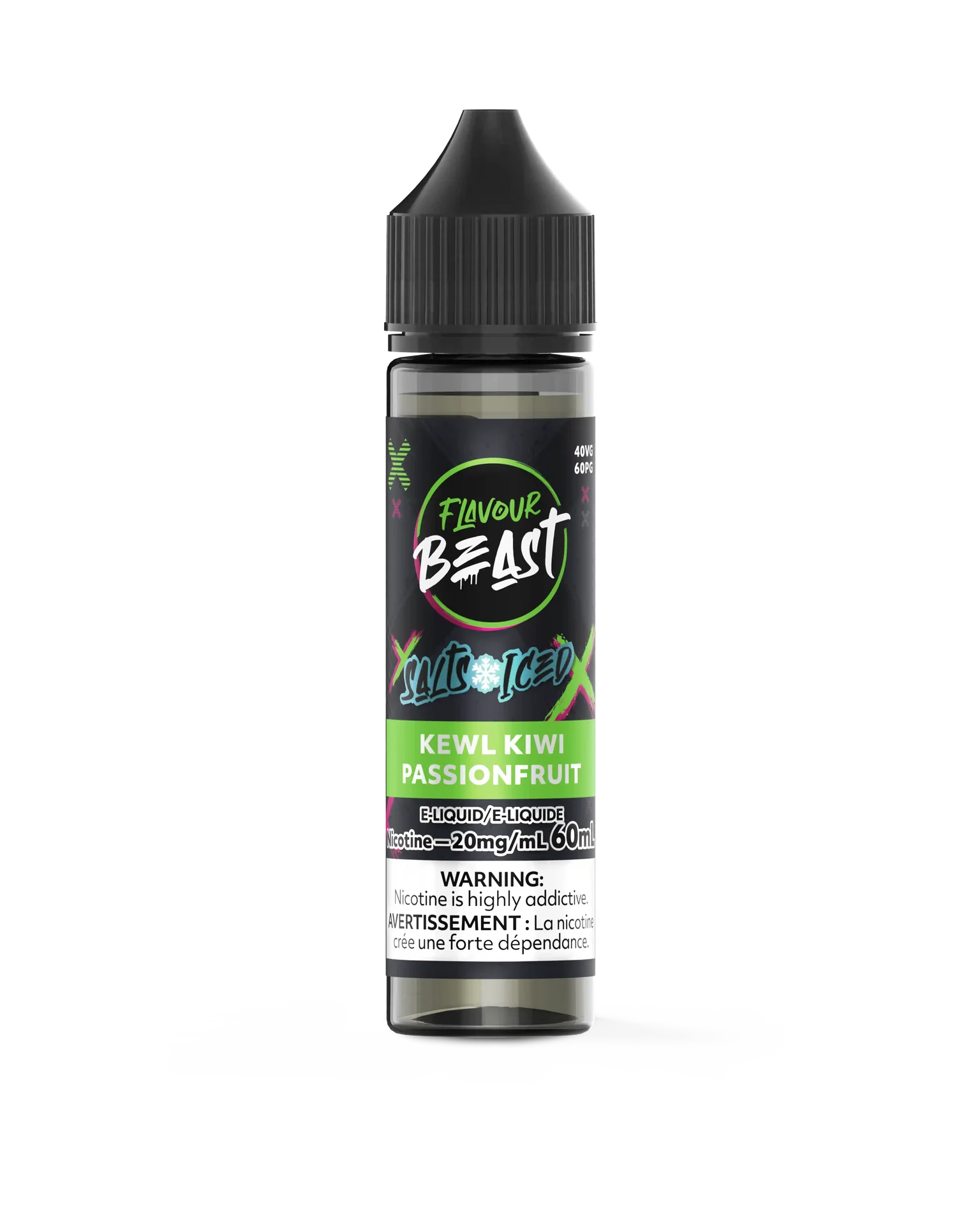 Flavour Beast Salt Kewl Kiwi Passionfruit Iced 30ml e-liquid bottle with black cap and vibrant green label.