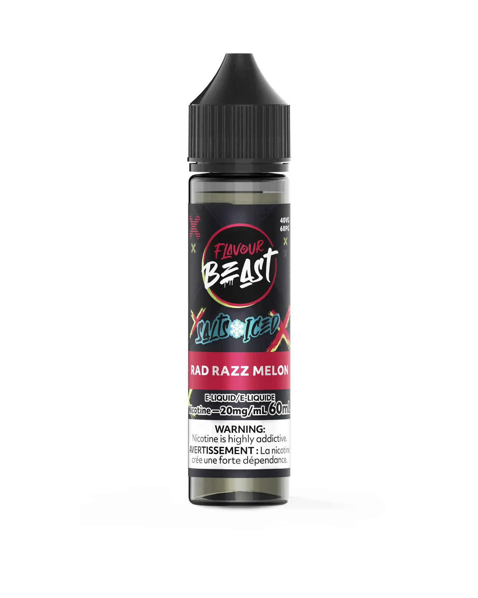 Flavour Beast Salt Rad Razz Melon e-liquid in a black 30ml bottle with pink and green label.