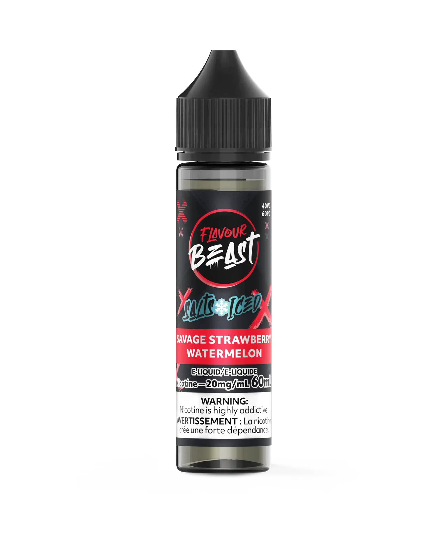 Flavour Beast Salt Savage Strawberry Watermelon Iced e-liquid bottle, black with red and white text.