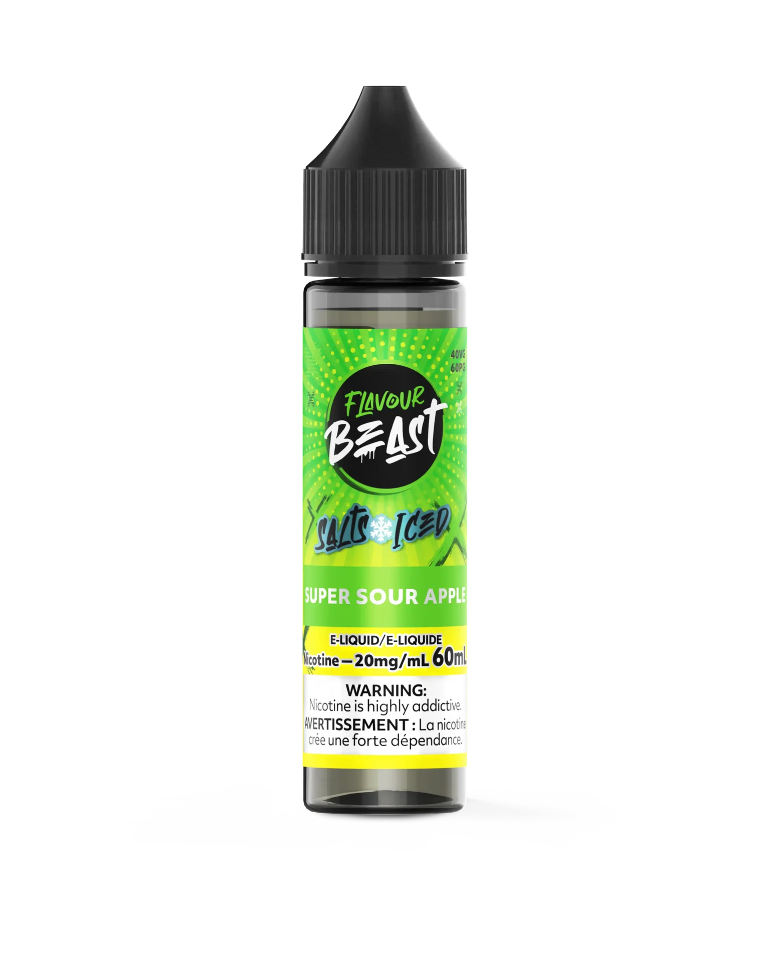 Flavour Beast Salt Super Sour Apple 30ml e-liquid bottle with green label and black cap.