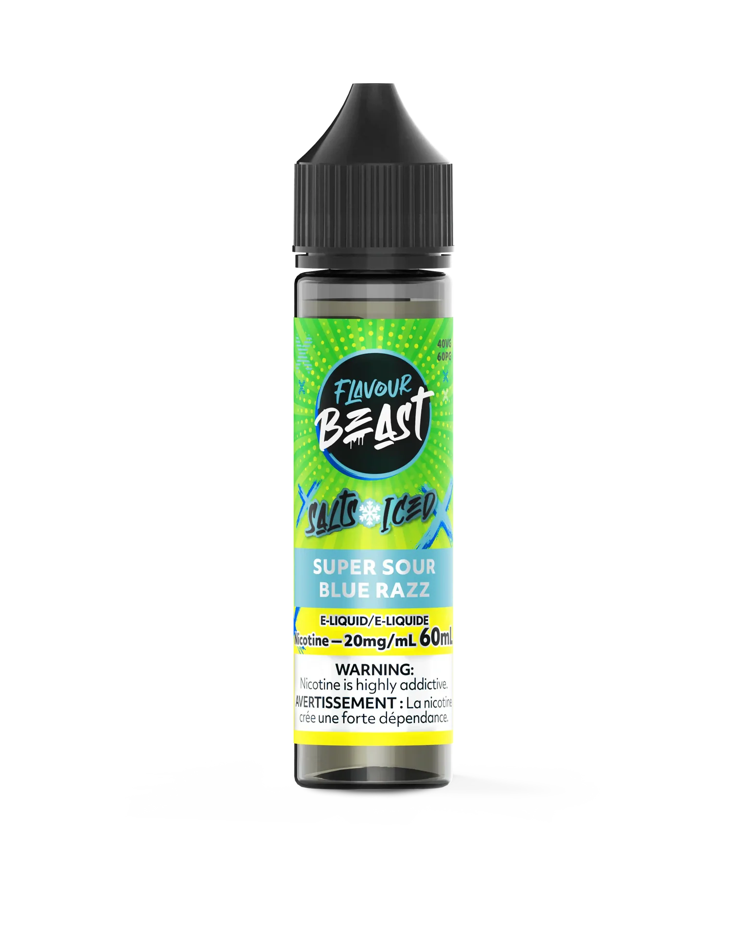 Flavour Beast Salt Super Sour Blue Razz e-liquid bottle with green label and black cap.