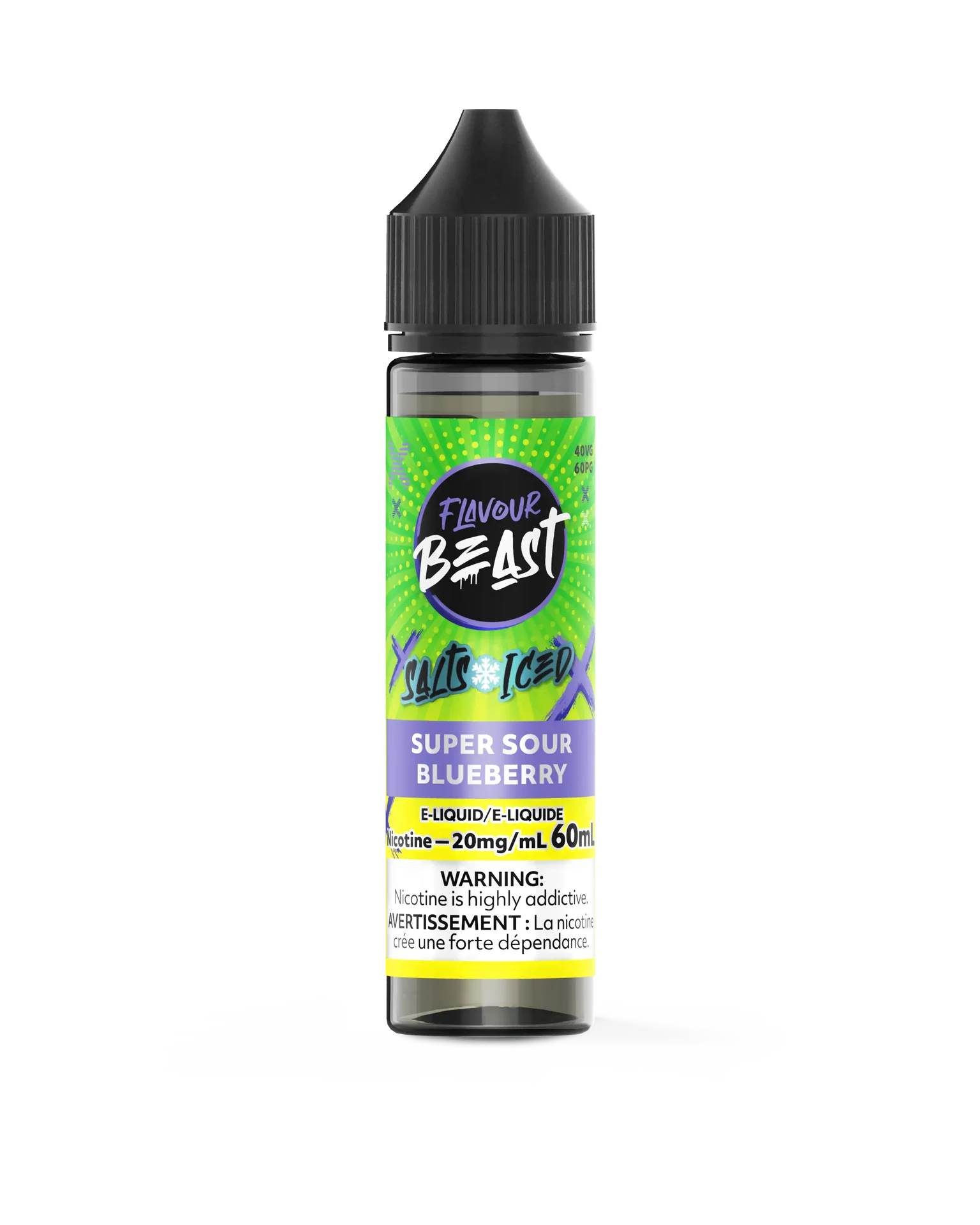 Flavour Beast Salt Super Sour Blueberry Iced e-liquid bottle with black cap, green and purple label.