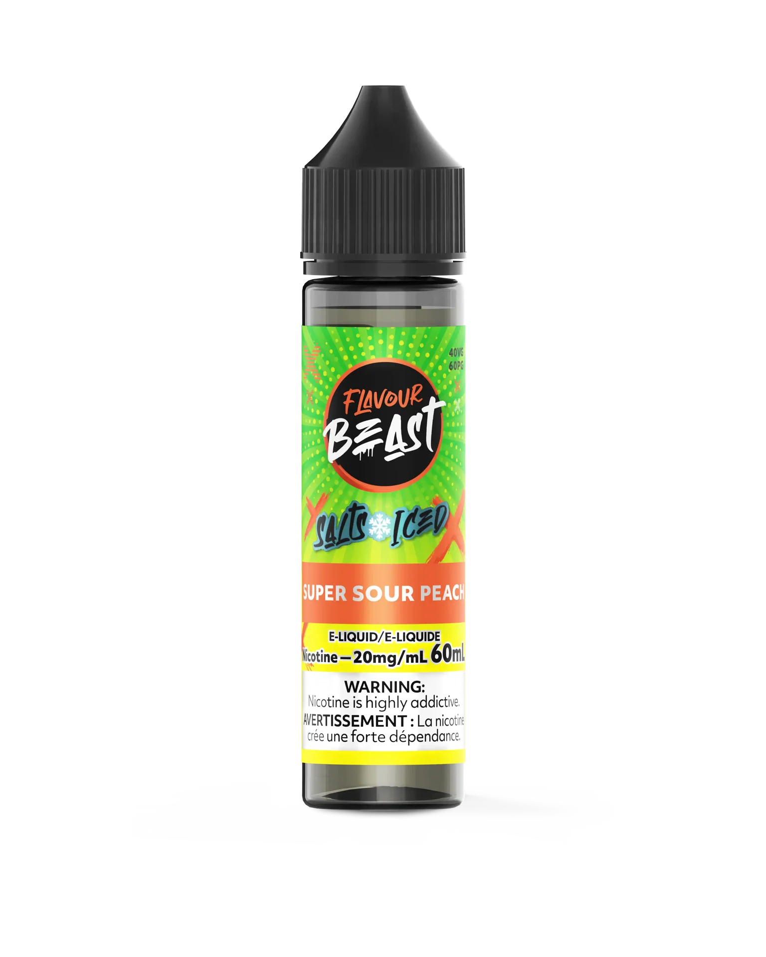 Flavour Beast Salt Super Sour Peach e-liquid bottle with a vibrant green and orange label.