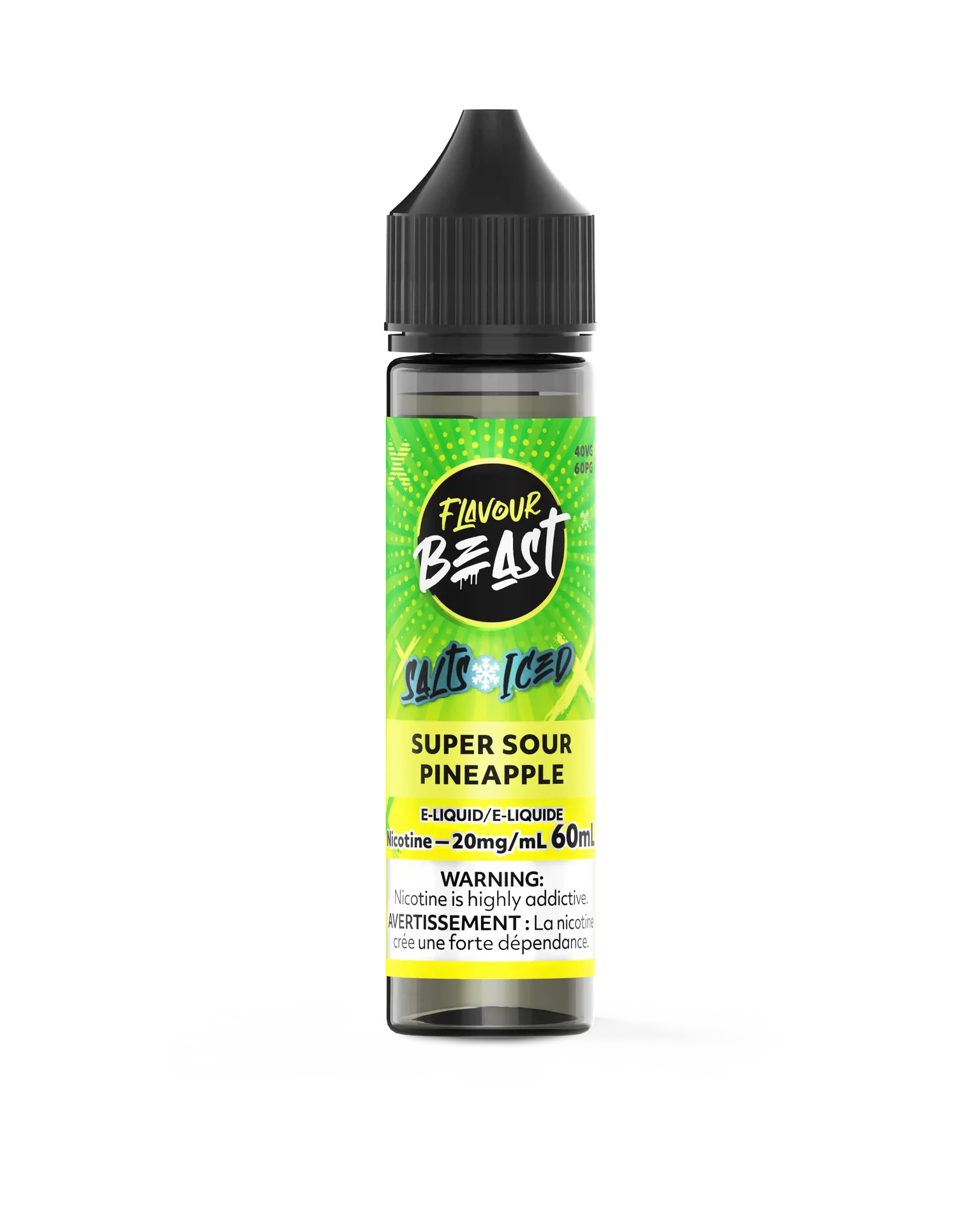 Flavour Beast Salt Super Sour Pineapple e-liquid, 60mL bottle with green and yellow label.