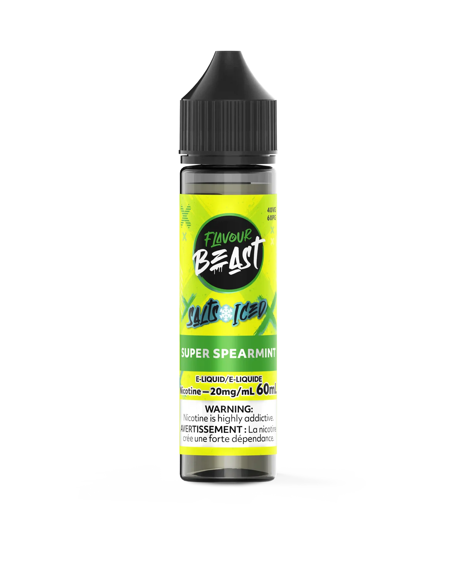 Flavour Beast Salt Super Spearmint E-Liquid, 60mL bottle with black cap and vibrant green label.