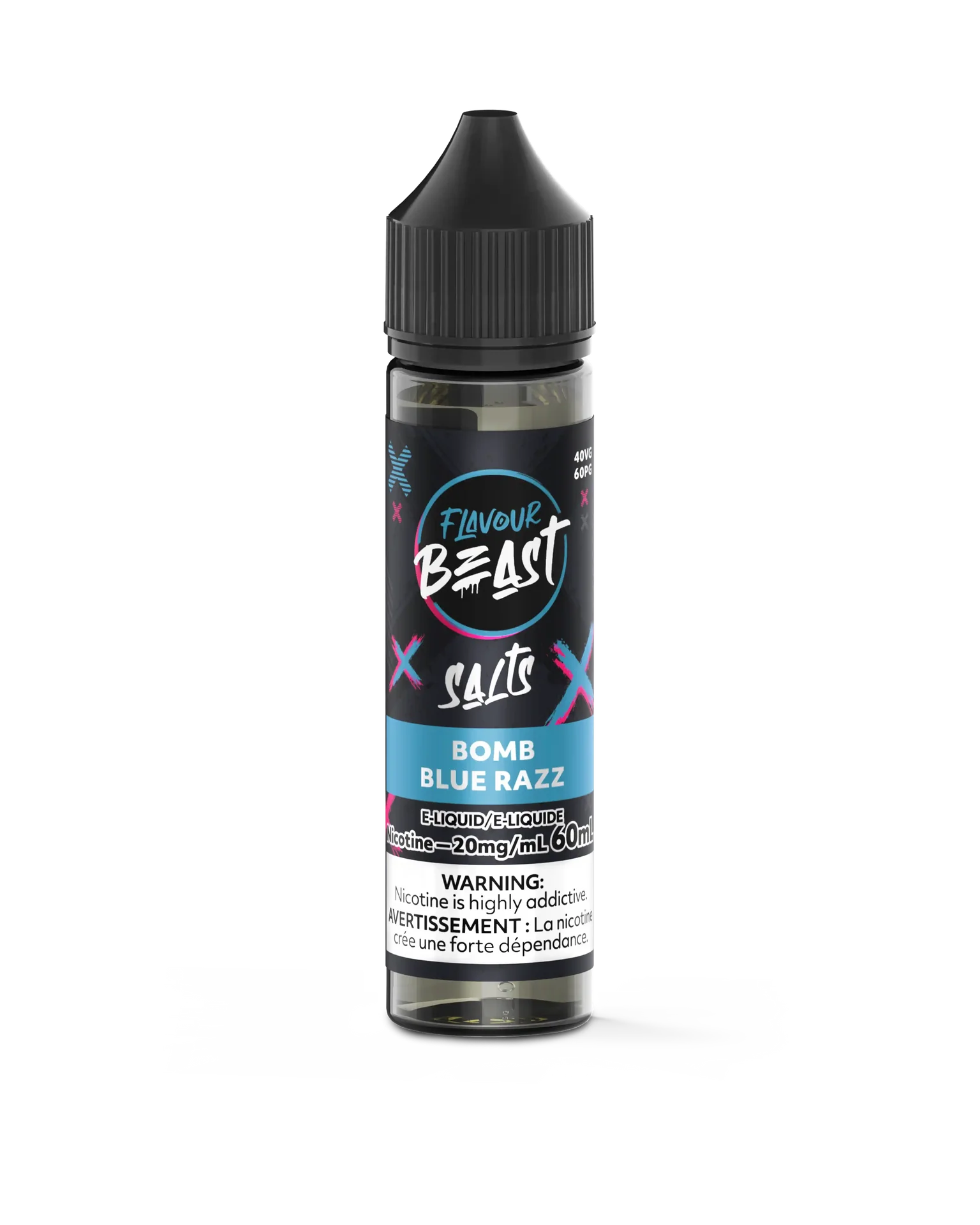 Flavour Beast Salt Bomb Blue Razz 30mL e-liquid bottle with black cap and blue label.
