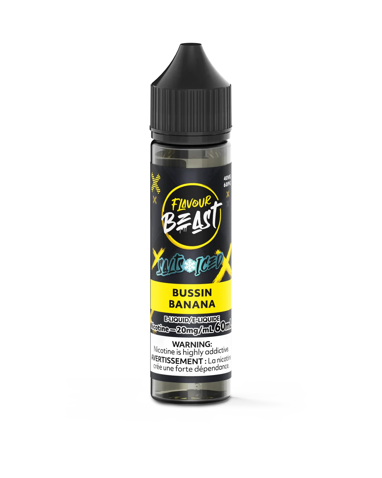 Flavour Beast Salt Bussin' Banana Iced e-liquid bottle with black cap and yellow/black label.
