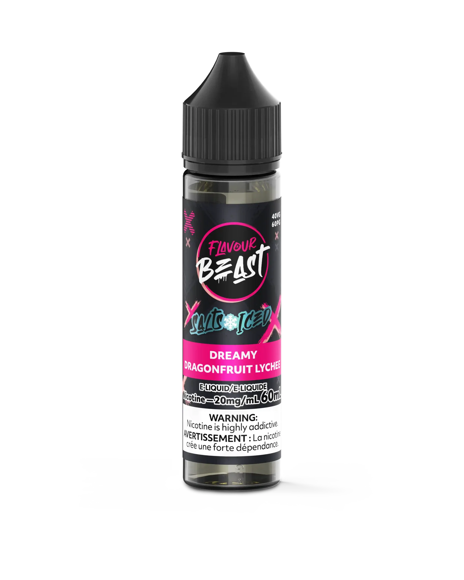 Flavour Beast Salt Dreamy Dragonfruit Lychee Iced 30mL e-liquid bottle with black cap and pink label.