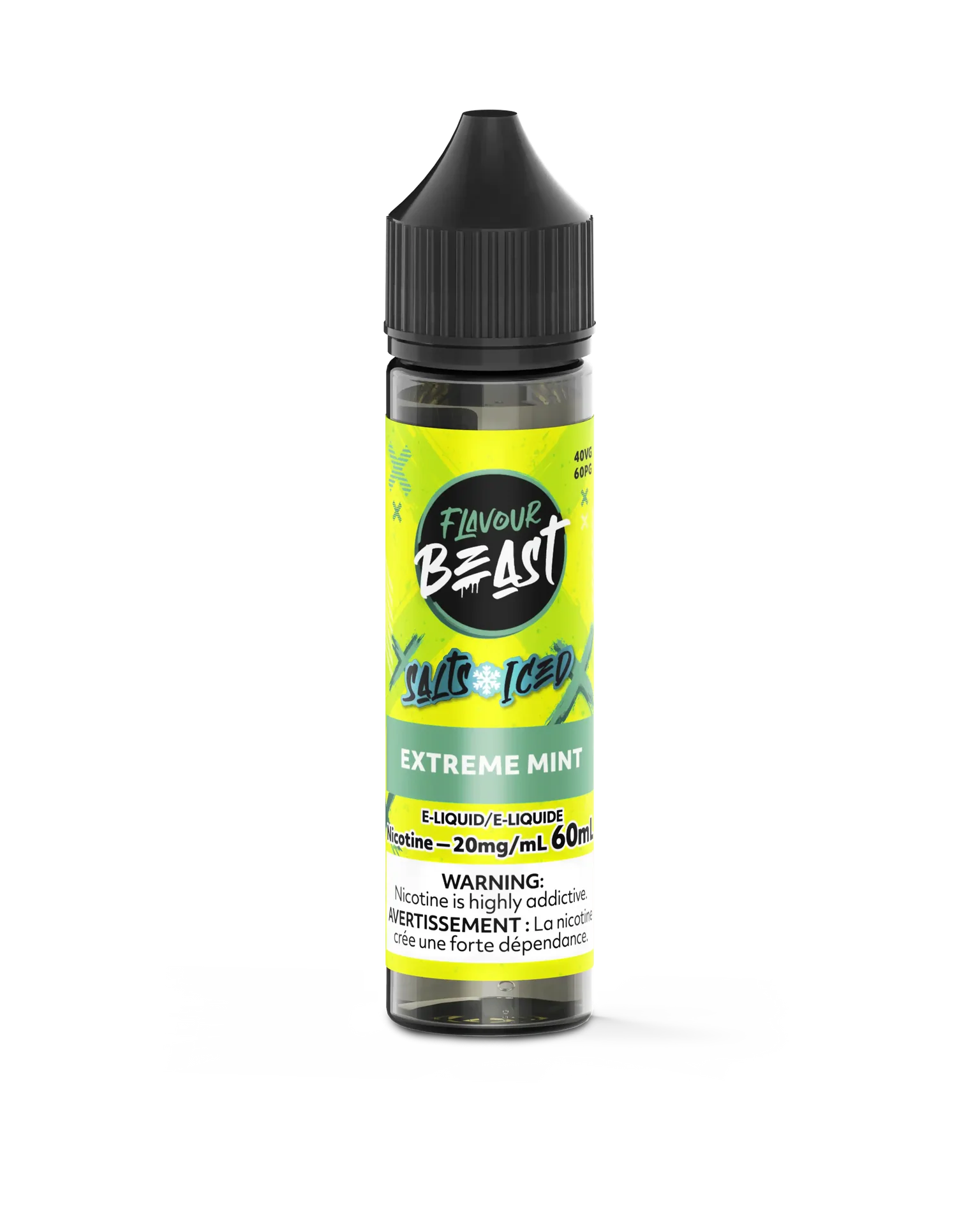 Flavour Beast Salt Extreme Mint Iced e-liquid in a 30mL dark bottle with a black cap and neon green label.