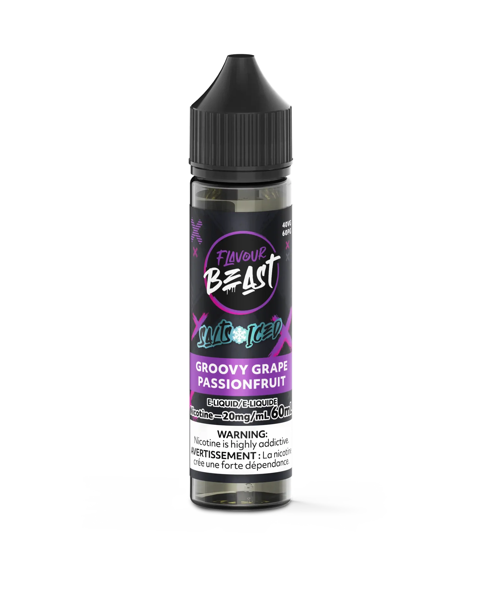 Flavour Beast Salt Groovy Grape Passionfruit Iced 30mL e-liquid bottle with black cap and purple label.