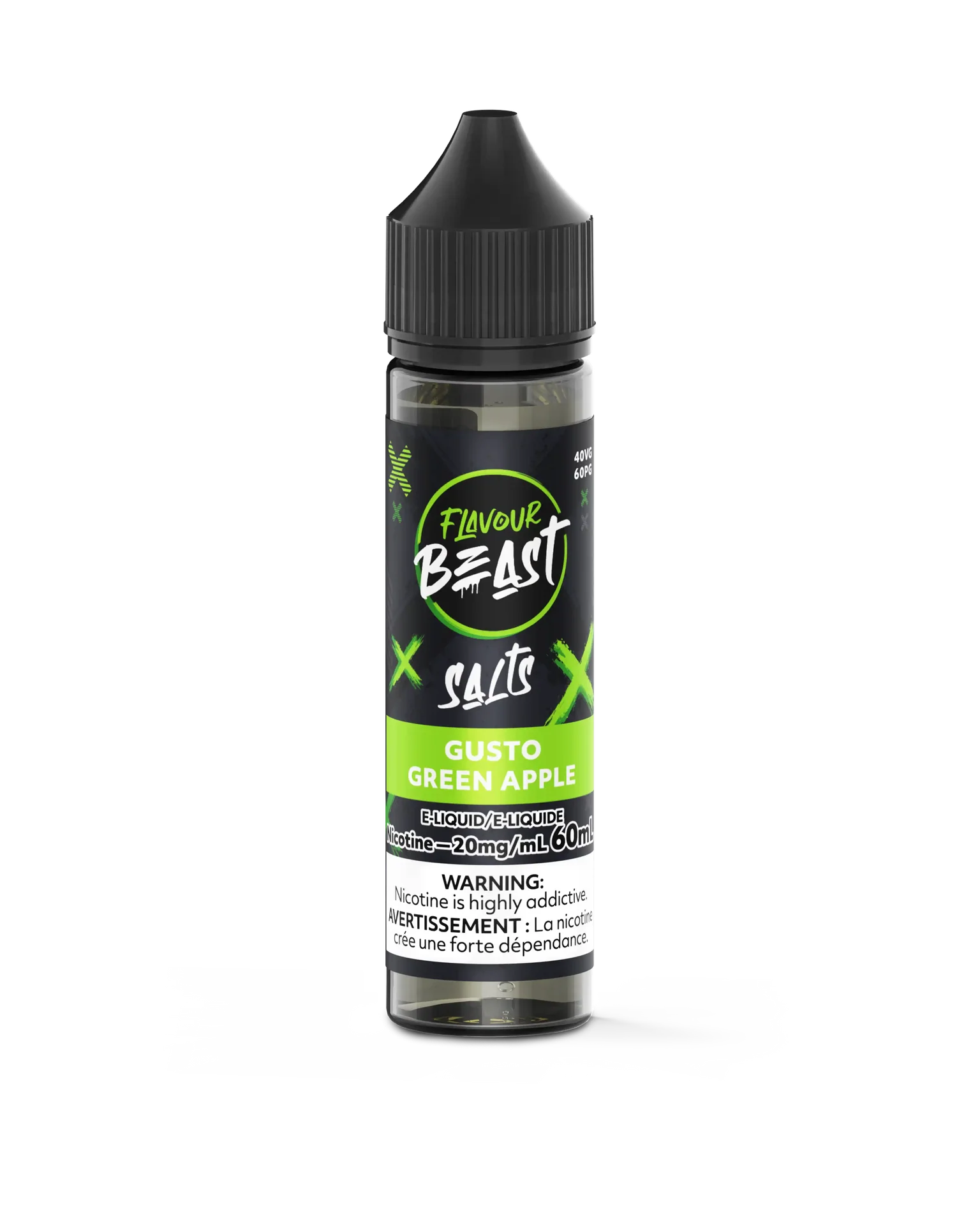 Flavour Beast Salts Gusto Green Apple e-liquid in a 60mL dark bottle with a black cap and green label.