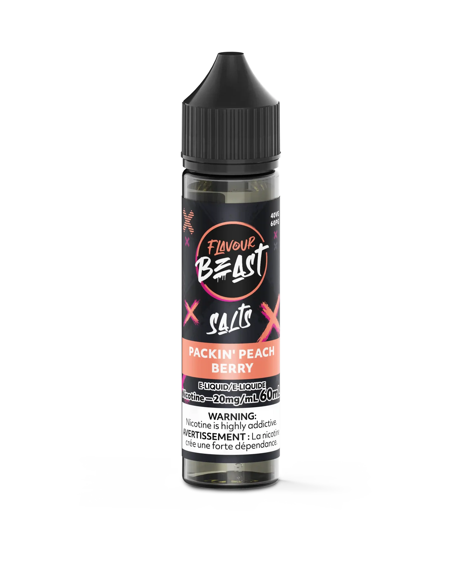 Flavour Beast Salt Packin' Peach Berry e-liquid bottle, black label with pink accents, 60mL size.