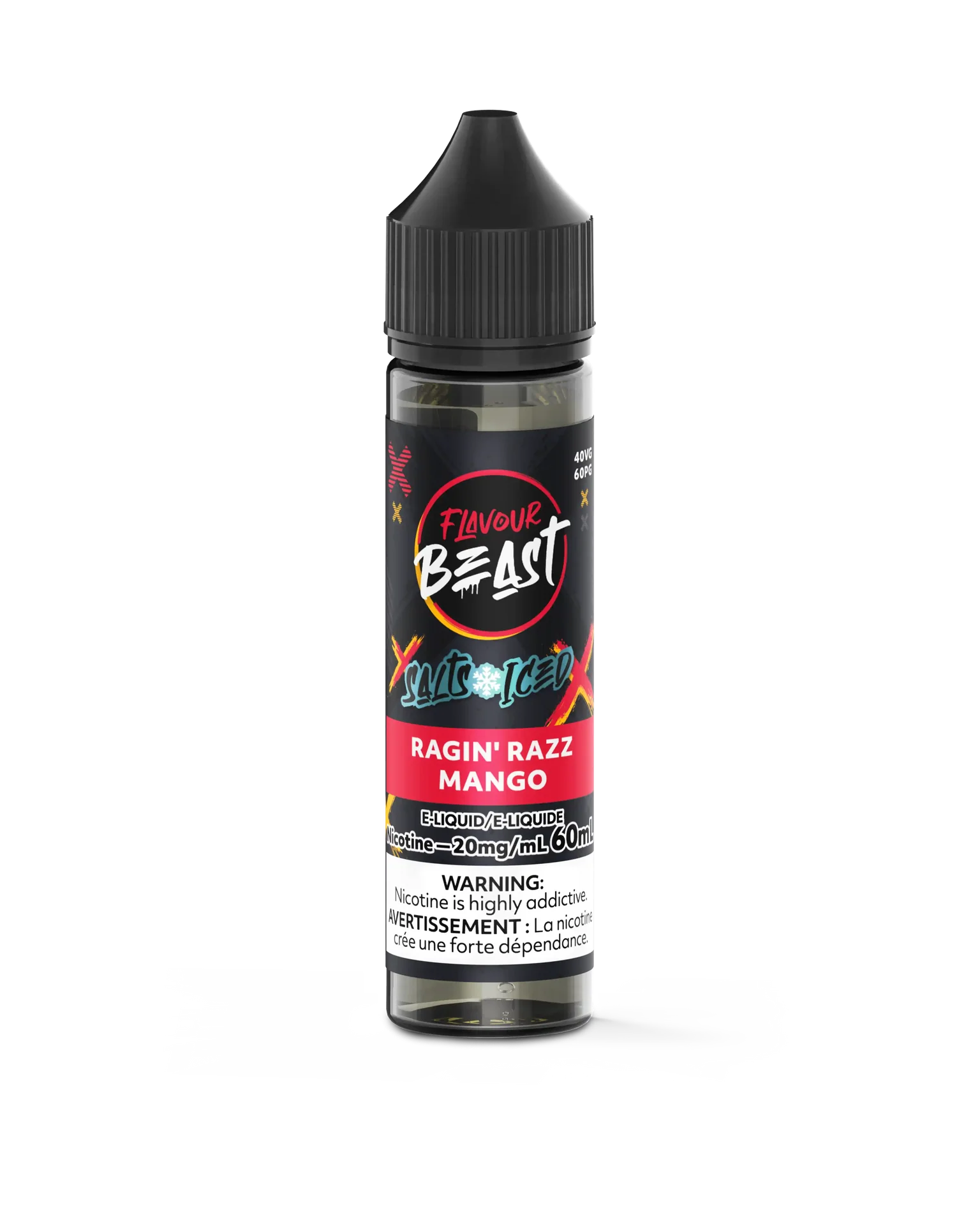 Flavour Beast Salt Ragin' Razz Mango Iced e-liquid in a black 30mL bottle with red and white label.