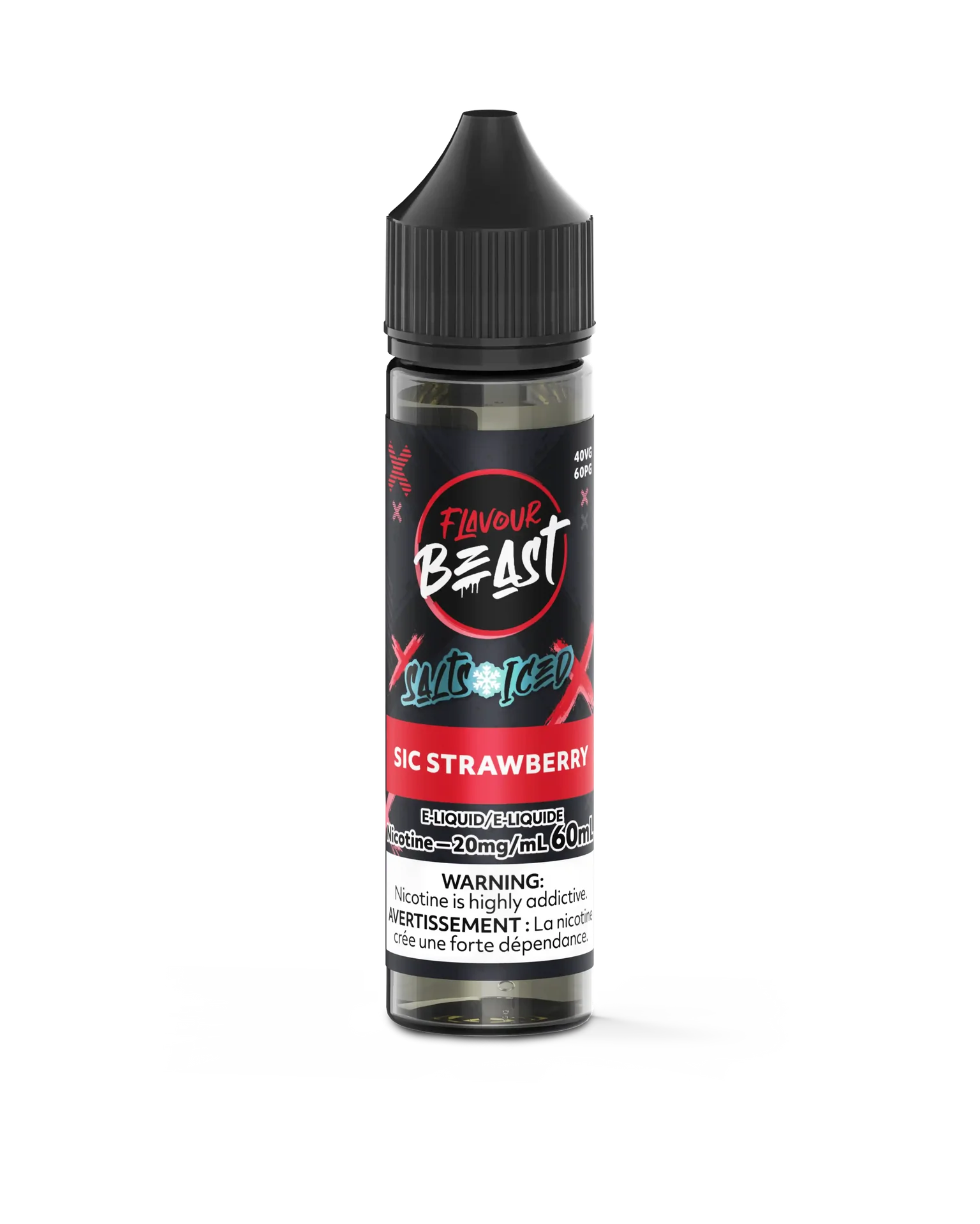 Flavour Beast Salt Sic Strawberry Iced e-liquid bottle, black cap, red and black label.