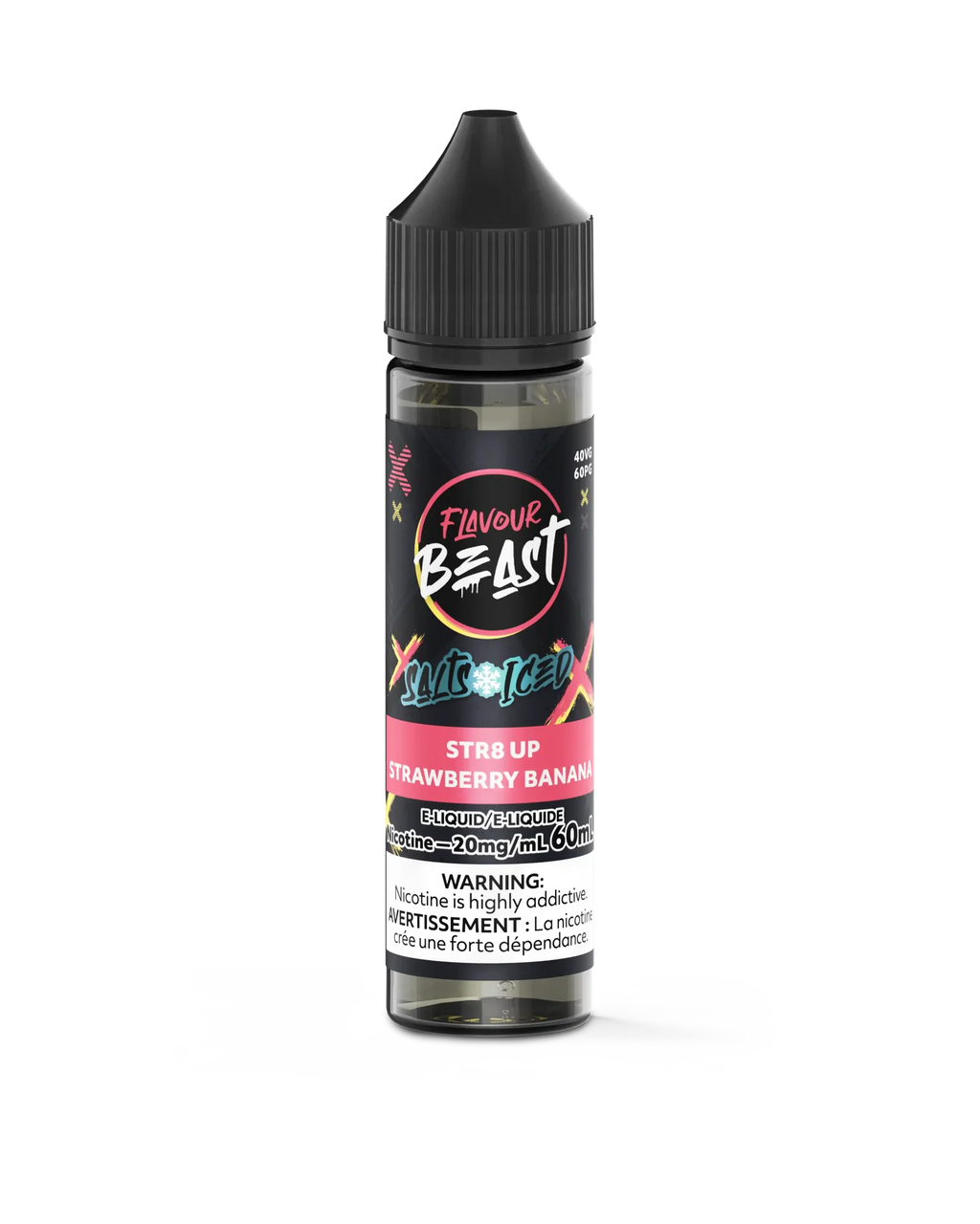 STR8 Up Strawberry Banana Iced Flavour Beast Salt e-liquid bottle, black label with pink and white text.