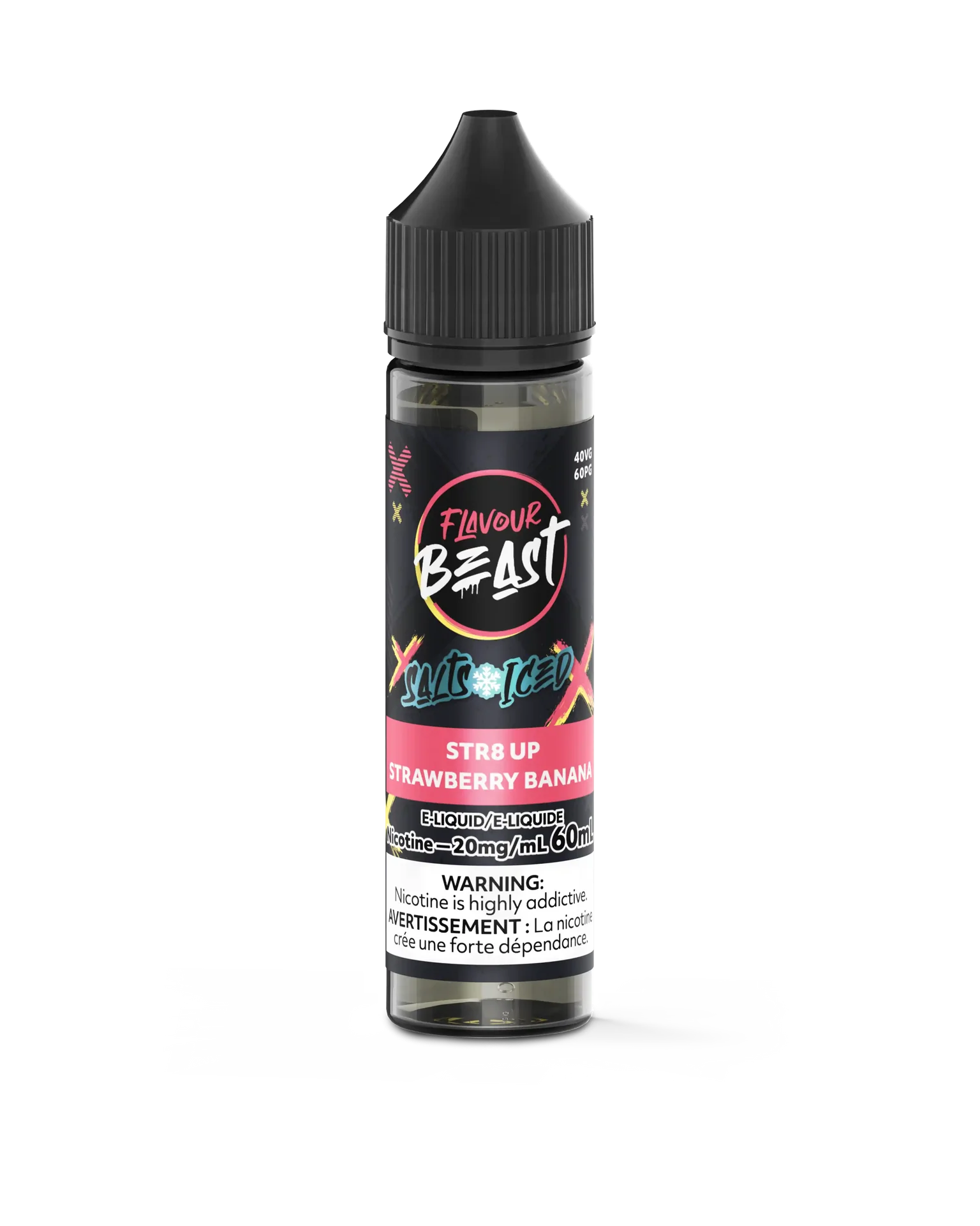 STR8 Up Strawberry Banana Iced Flavour Beast Salt e-liquid bottle, black label with pink and white text.