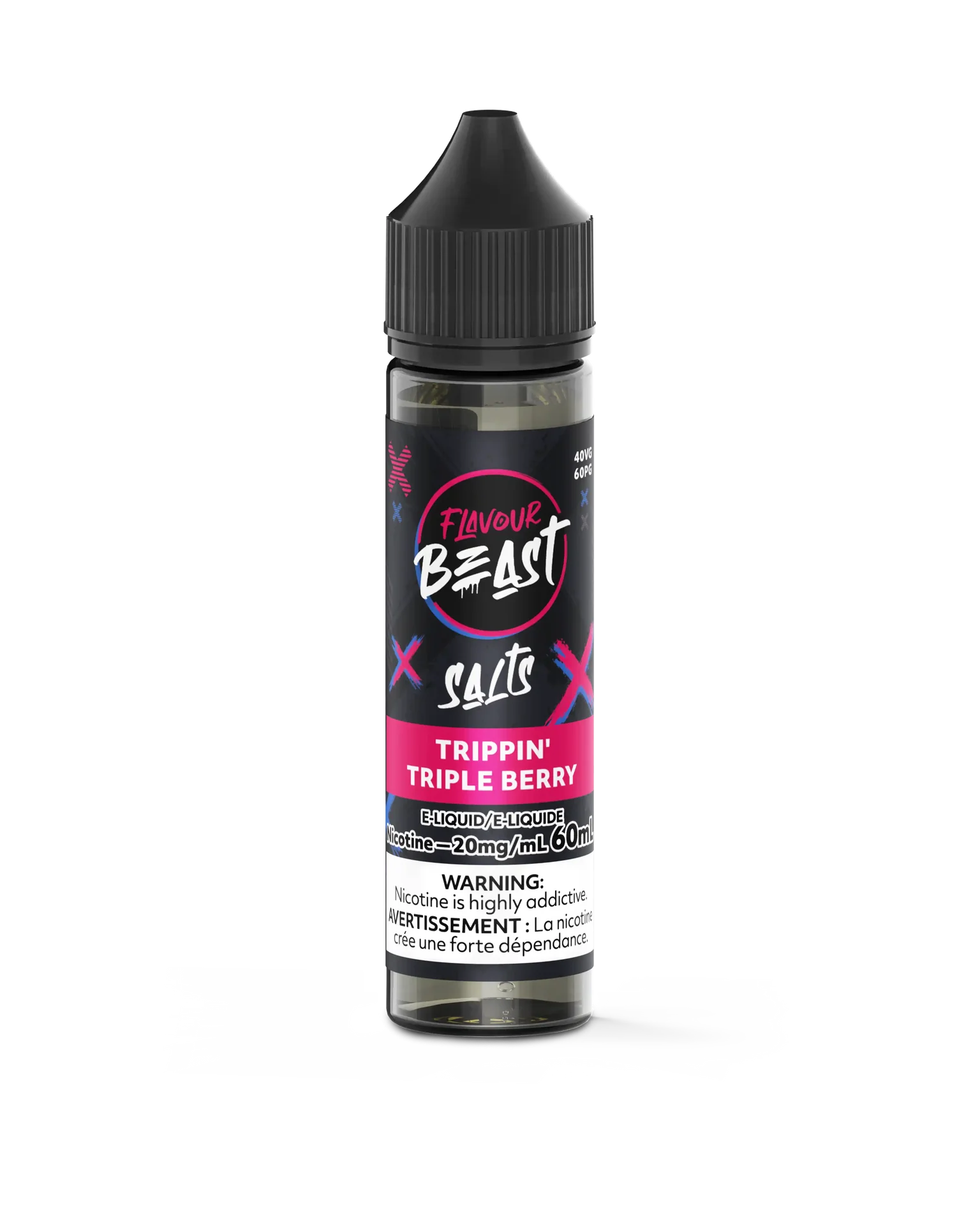 Flavour Beast Salt Trippin' Triple Berry e-liquid bottle with black cap, pink and black label.