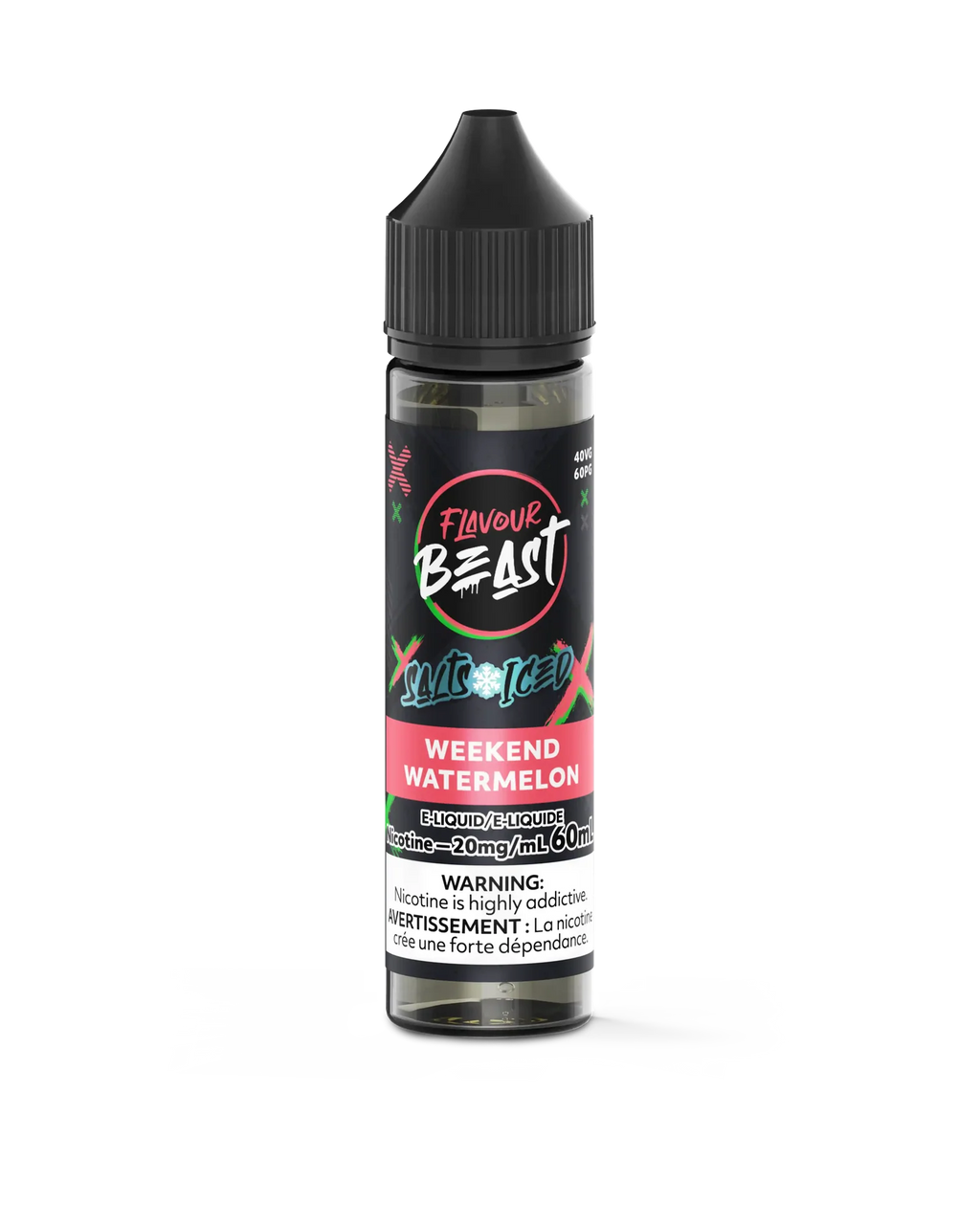 Flavour Beast Salt Weekend Watermelon Iced 30mL e-liquid bottle with black cap and pink/green label.