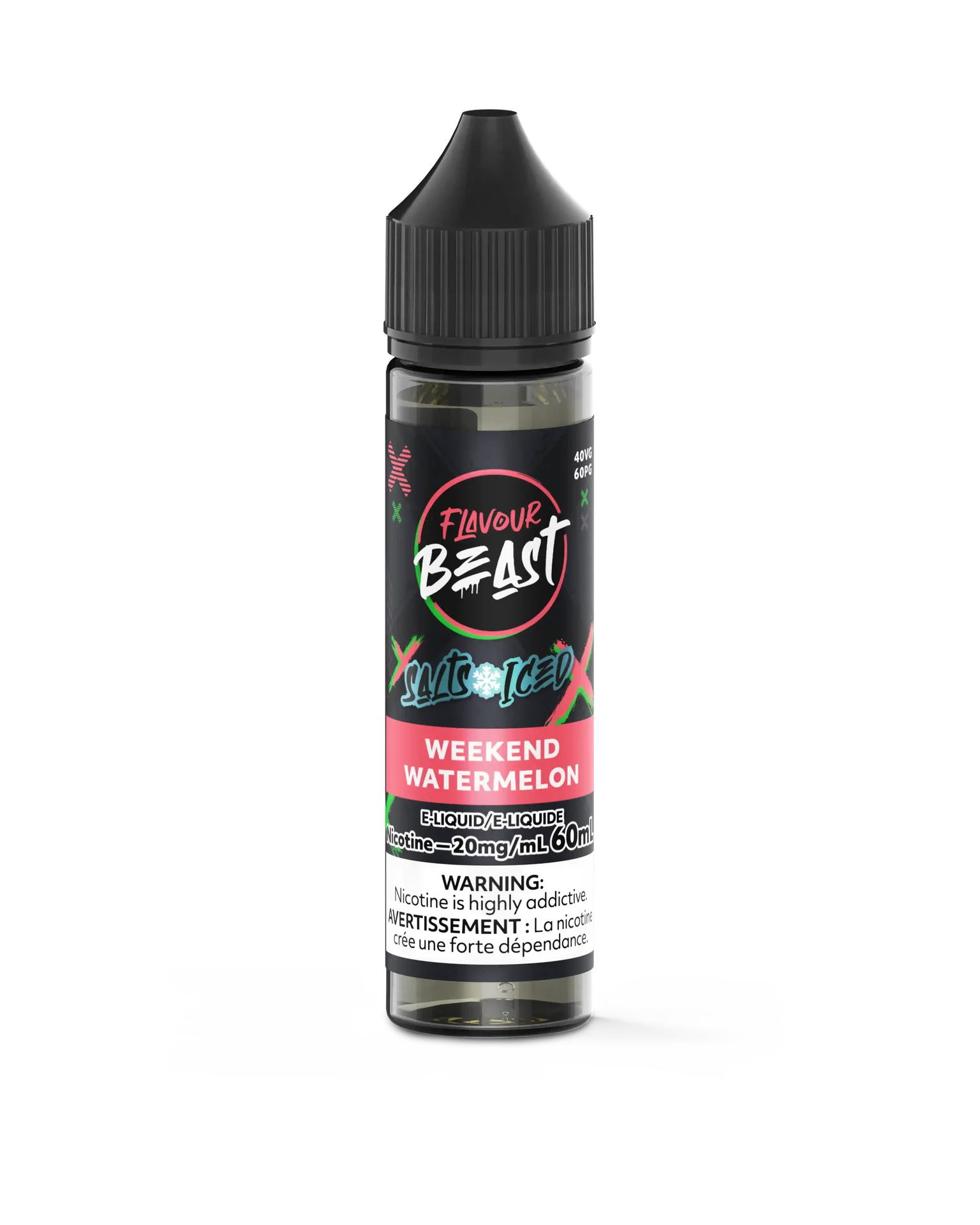 Flavour Beast Salt Weekend Watermelon Iced 30mL e-liquid bottle with black cap and pink/green label.