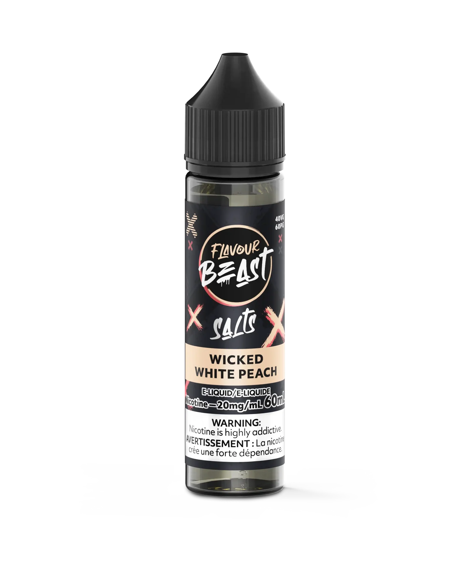 Flavour Beast Salt Wicked White Peach e-liquid bottle, black label with peach accent.