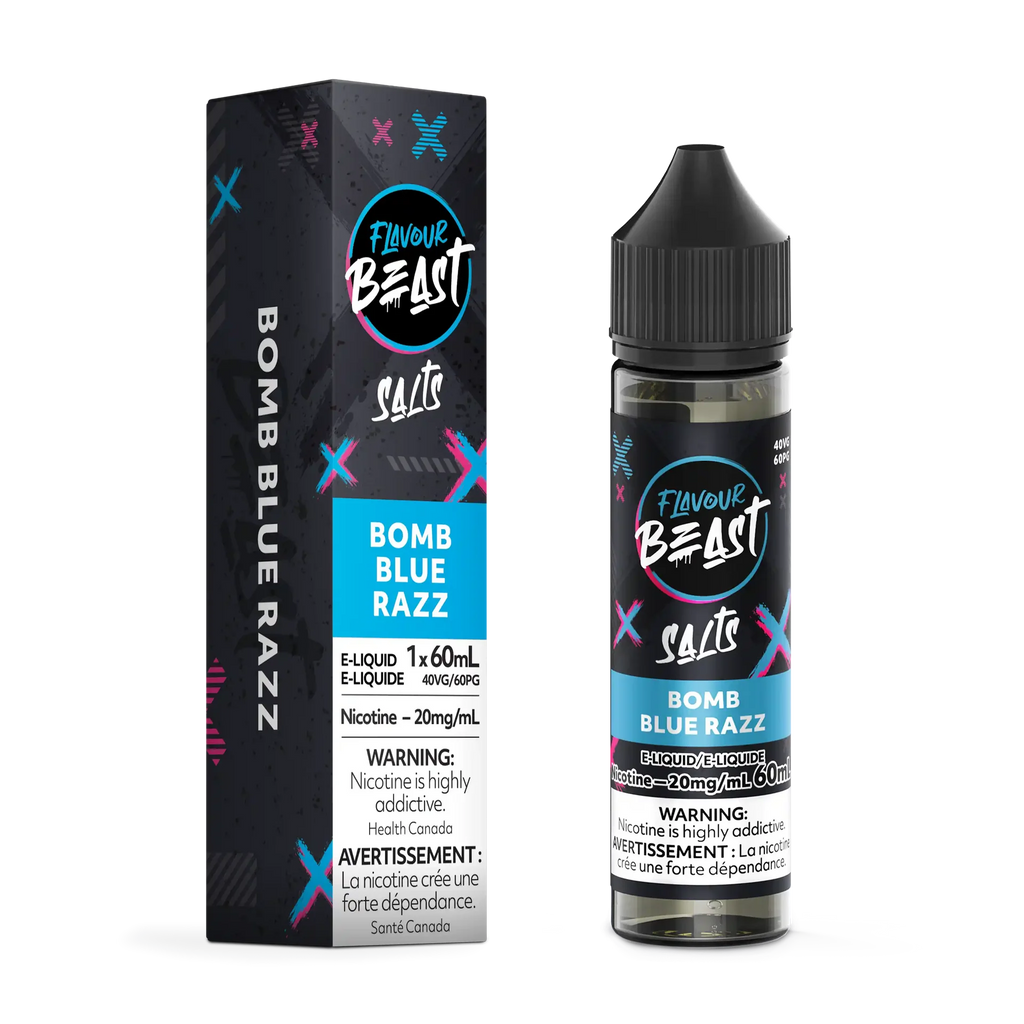 Flavour Beast Salt Bomb Blue Razz e-liquid bottle and matching black box with blue and pink accents.