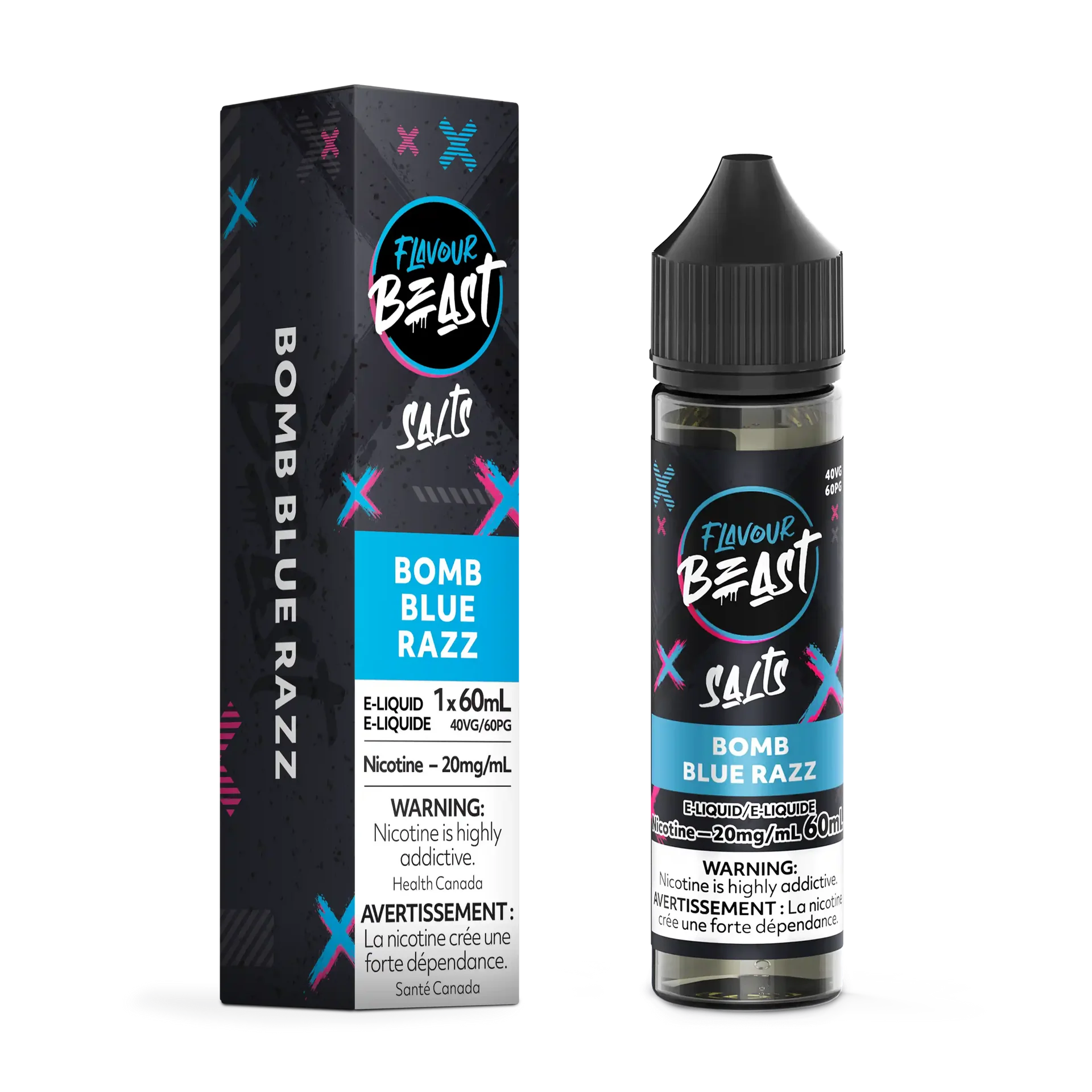 Flavour Beast Salt Bomb Blue Razz e-liquid bottle and matching black box with blue and pink accents.